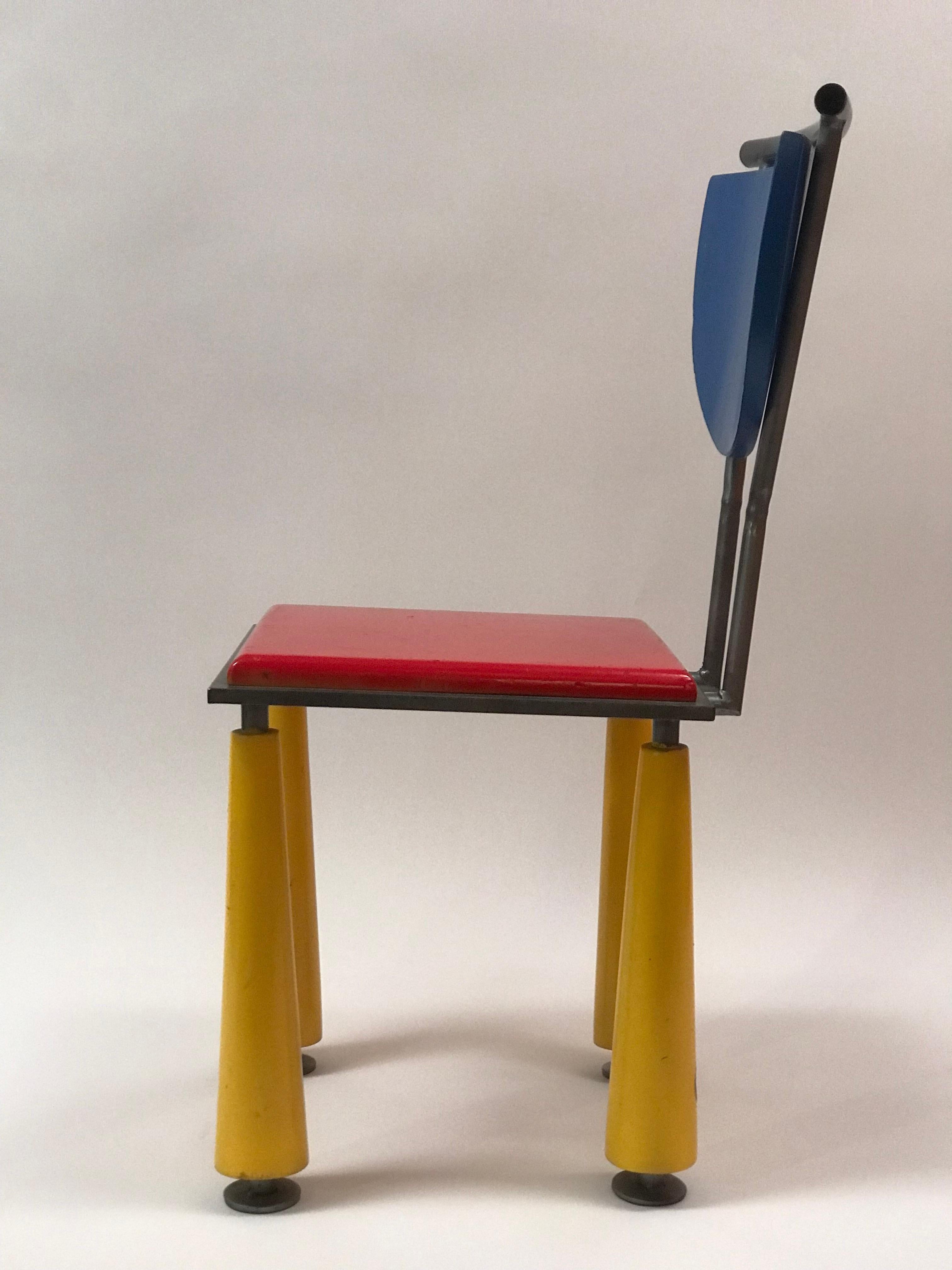 Mid-Century Modern Gray Metal of the Period Studio Made Memphis Side Chair in Bold Primary Colors For Sale