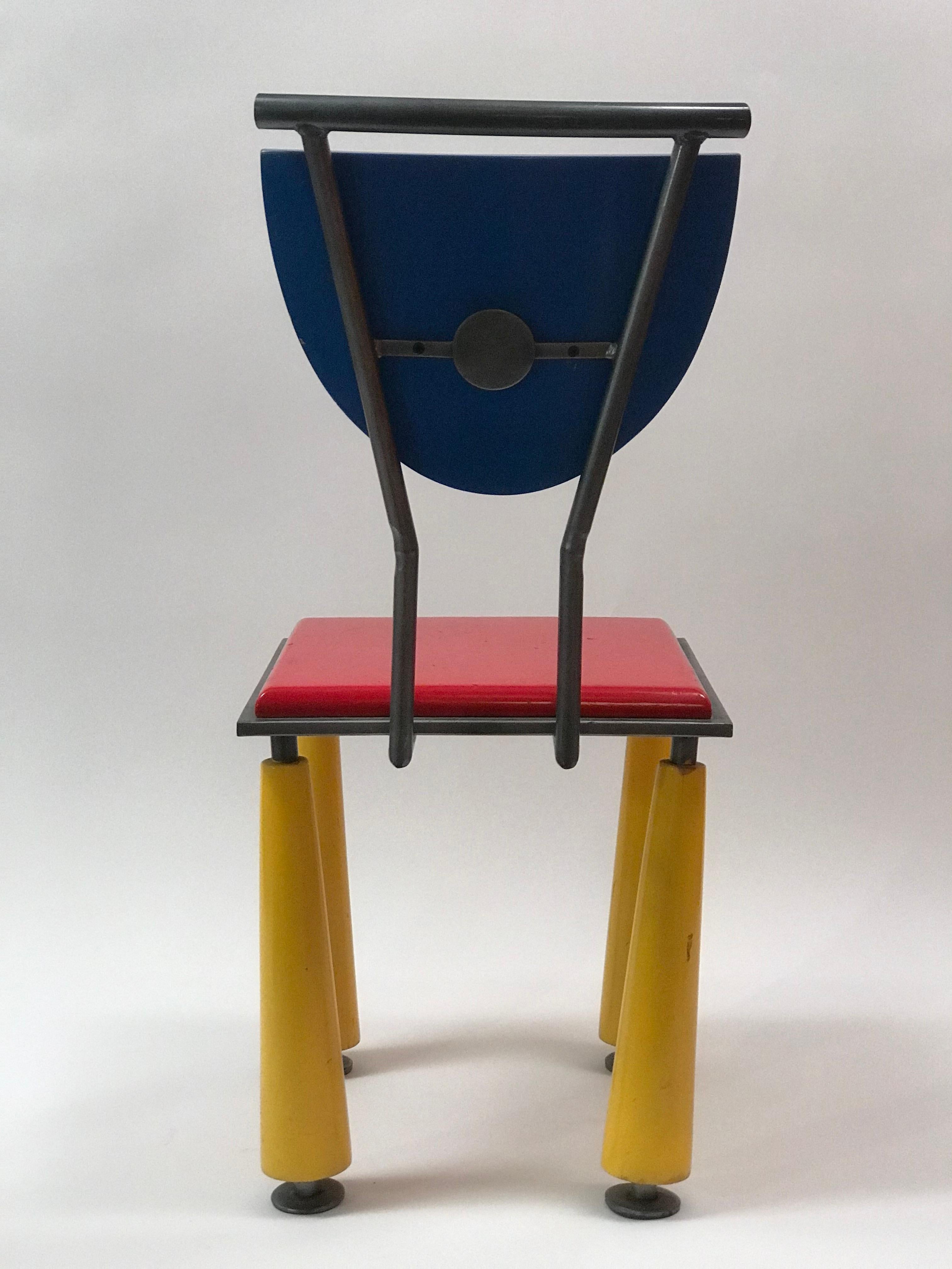 Painted Gray Metal of the Period Studio Made Memphis Side Chair in Bold Primary Colors For Sale