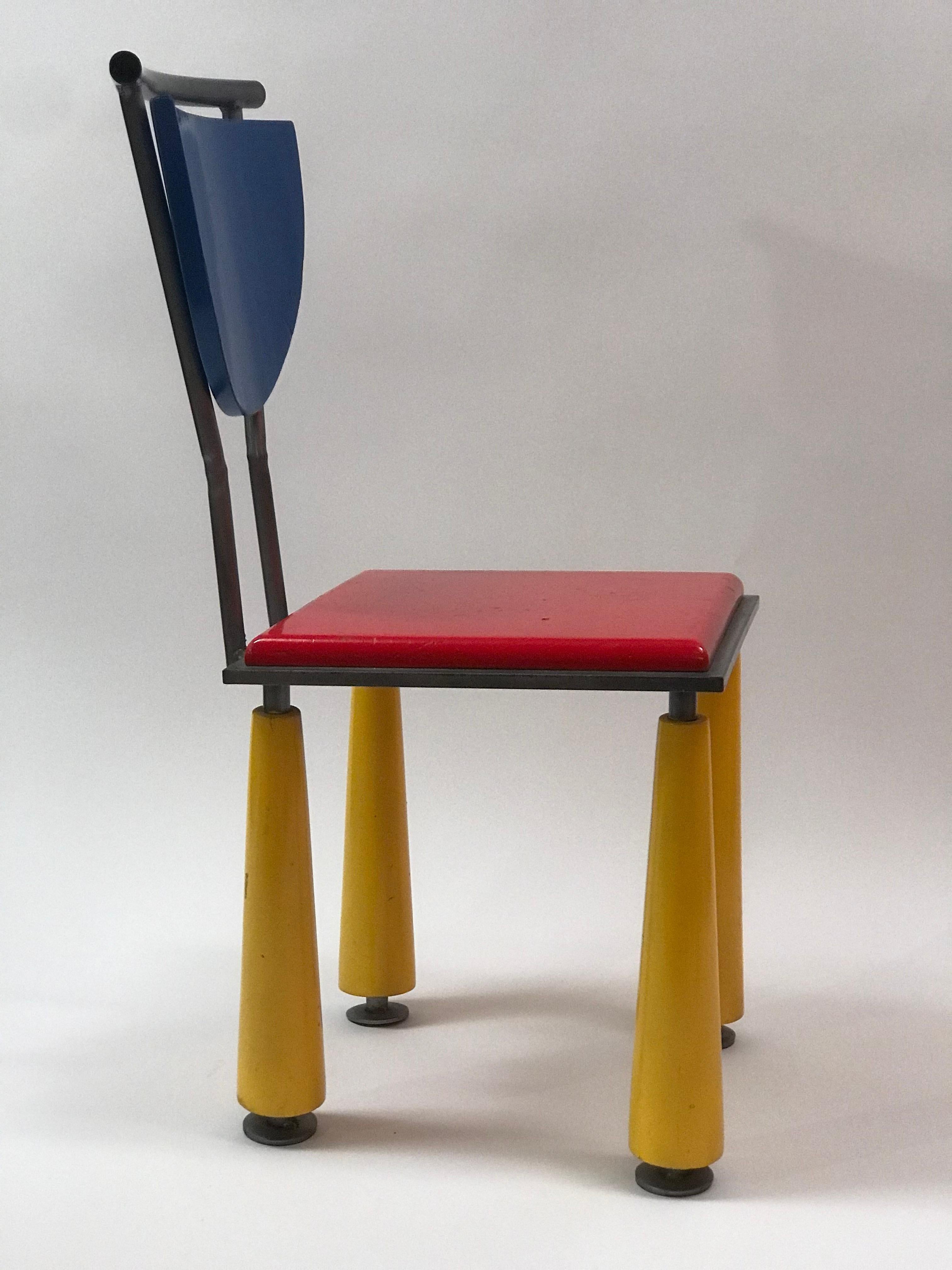 Gray Metal of the Period Studio Made Memphis Side Chair in Bold Primary Colors In Good Condition For Sale In Fort mill, SC