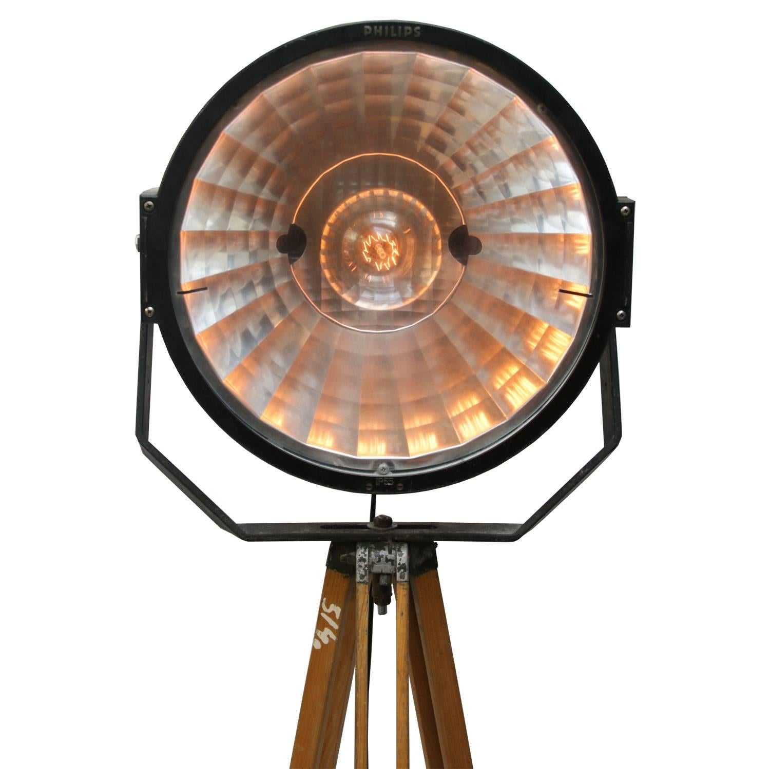 Dutch Gray Metal Stadium Spotlight Vintage Industrial Wooden Tripod Floor Lamp