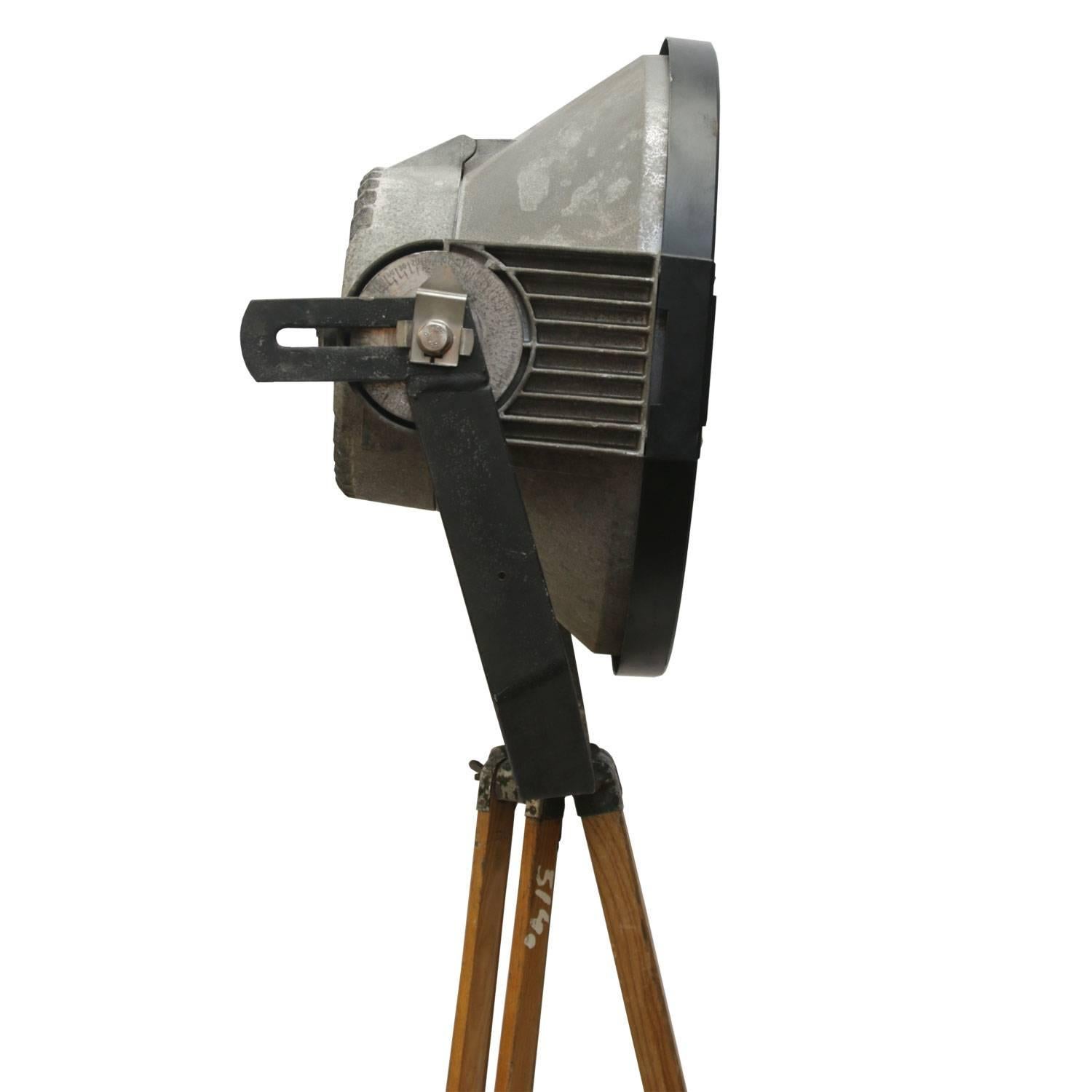 20th Century Gray Metal Stadium Spotlight Vintage Industrial Wooden Tripod Floor Lamp