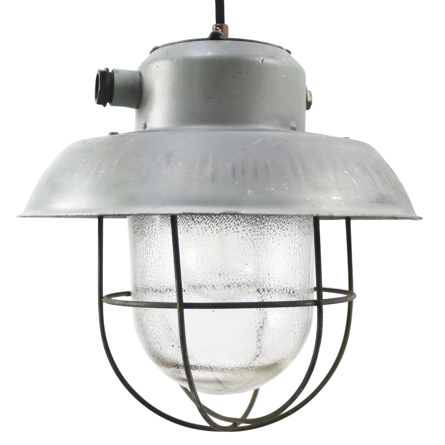 Aluminum industrial pendant lamp
frosted glass with cage 

Weight 2.00 kg / 4.4 lb

Priced per individual item. All lamps have been made suitable by international standards for incandescent light bulbs, energy-efficient and LED bulbs. E26/E27 bulb