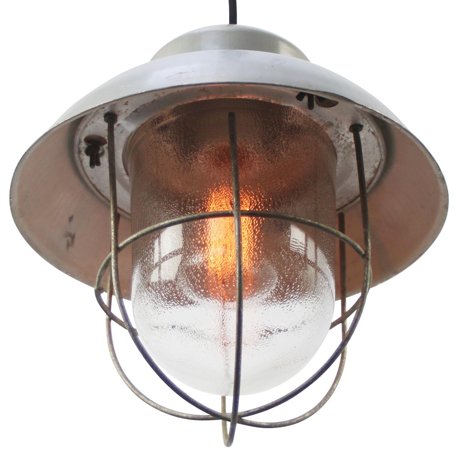 Aluminum industrial pendant lamp
frosted glass with cage 

Weight 2.00 kg / 4.4 lb

Priced per individual item. All lamps have been made suitable by international standards for incandescent light bulbs, energy-efficient and LED bulbs. E26/E27 bulb