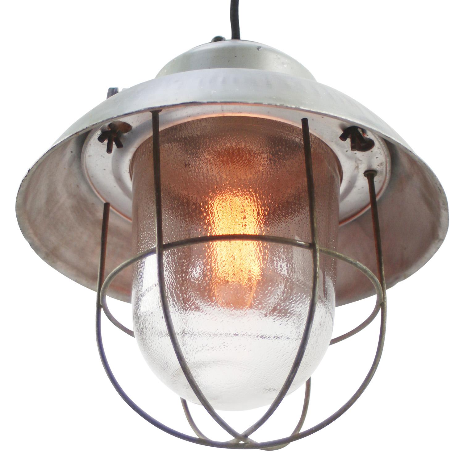 Czech Gray Metal Vintage Industrial Clear Frosted Glass Pendant Light For Sale