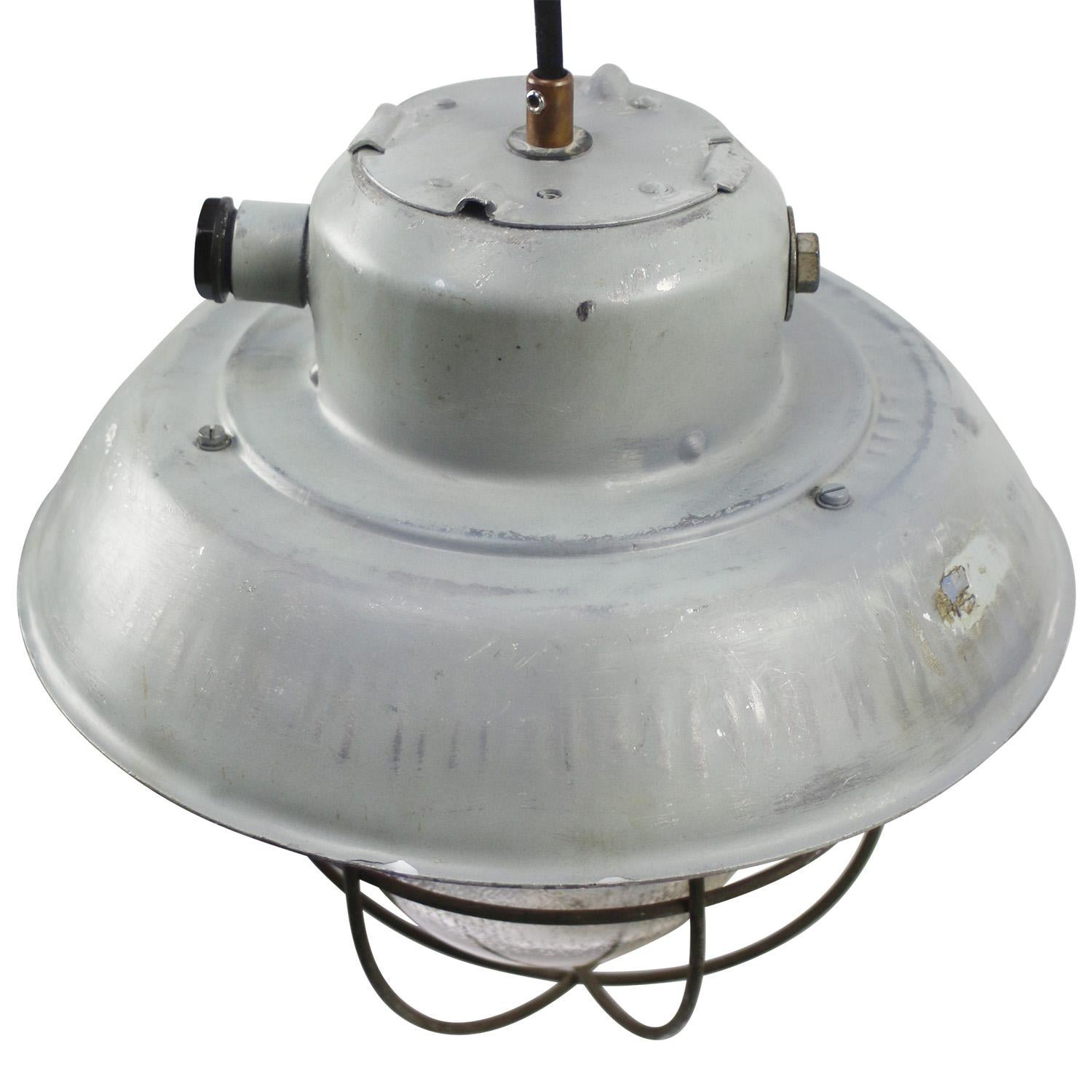Gray Metal Vintage Industrial Clear Frosted Glass Pendant Light In Good Condition For Sale In Amsterdam, NL