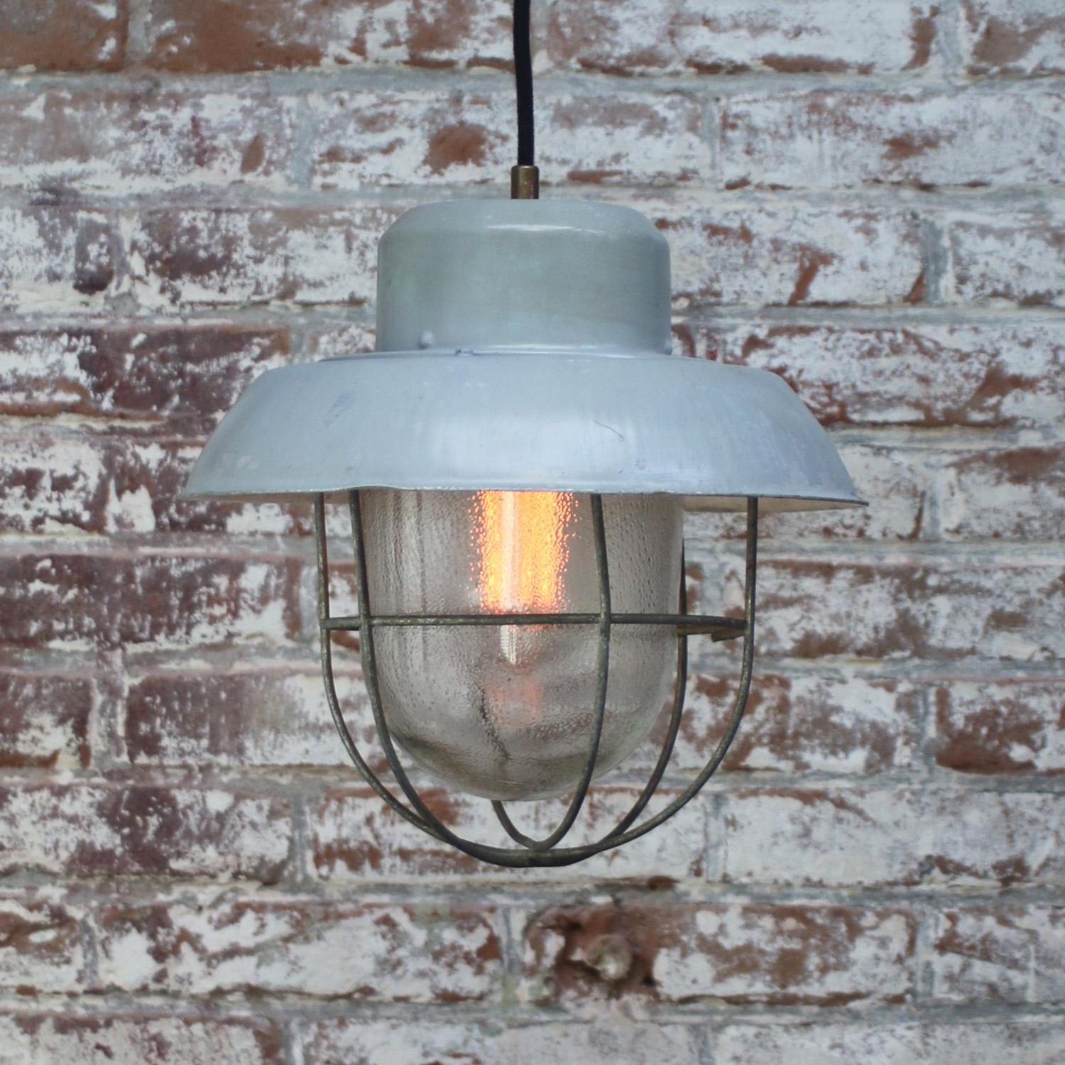Gray Metal Vintage Industrial Clear Frosted Glass Pendant Light In Good Condition For Sale In Amsterdam, NL