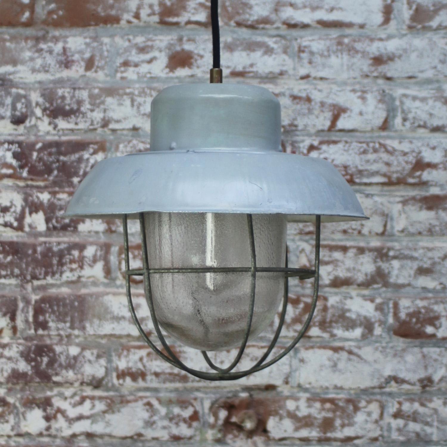 20th Century Gray Metal Vintage Industrial Clear Frosted Glass Pendant Light For Sale