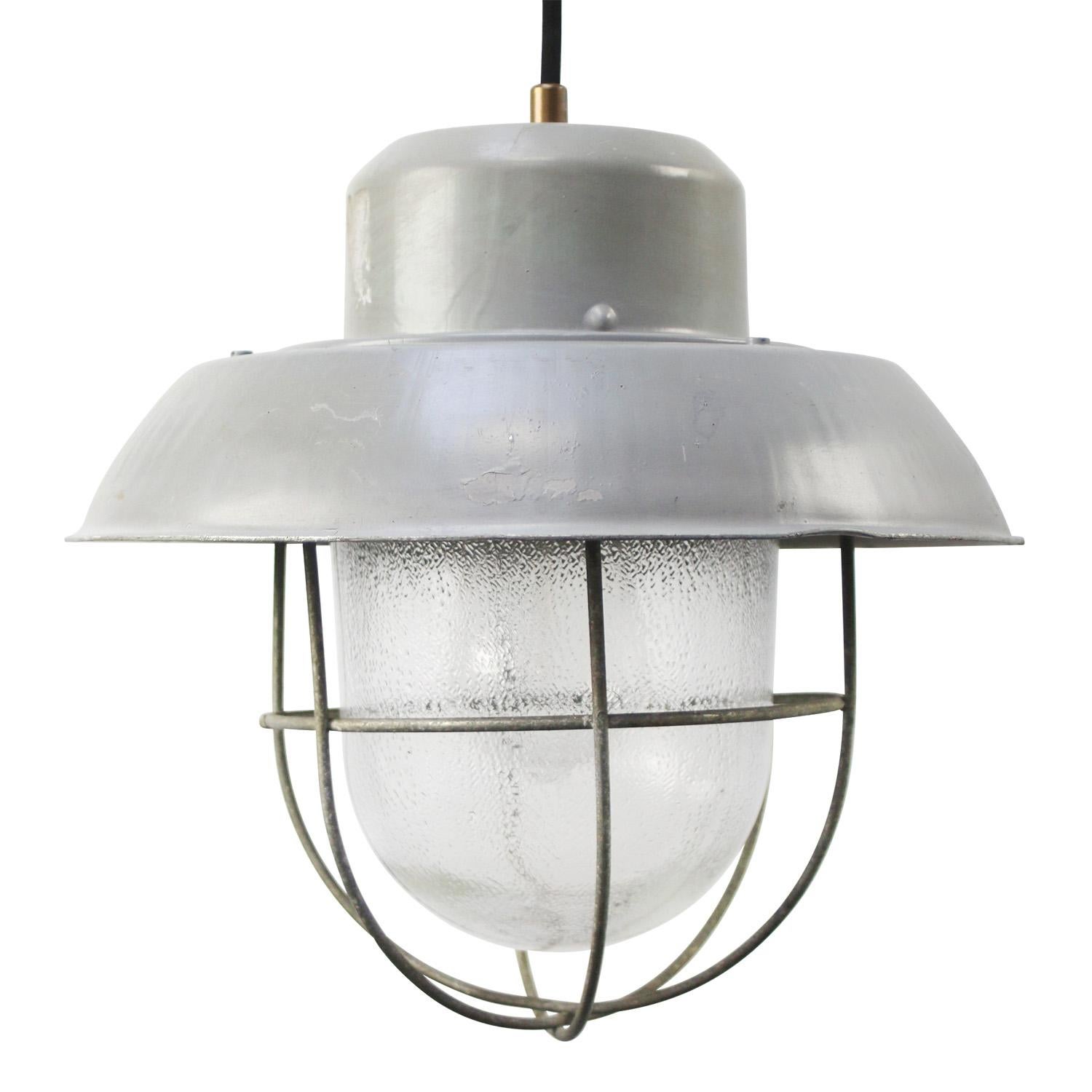 Aluminum Gray Metal Vintage Industrial Clear Frosted Glass Pendant Light For Sale