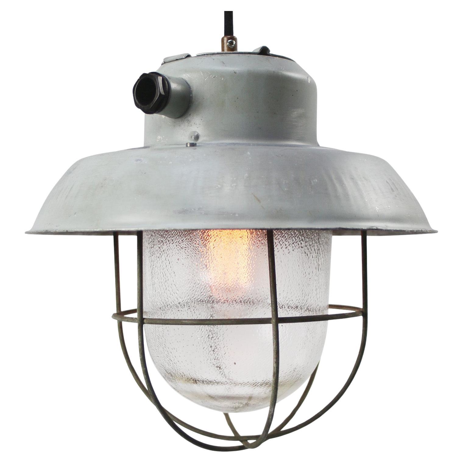 Gray Metal Vintage Industrial Clear Frosted Glass Pendant Light For Sale