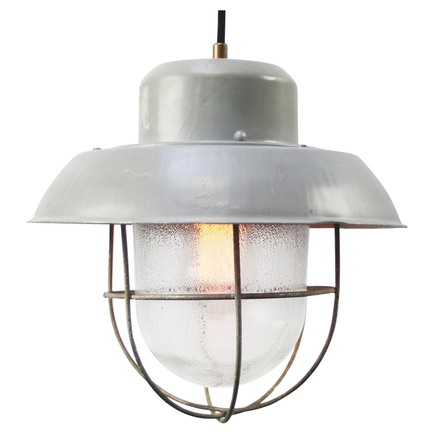 Gray Metal Vintage Industrial Clear Frosted Glass Pendant Light For Sale