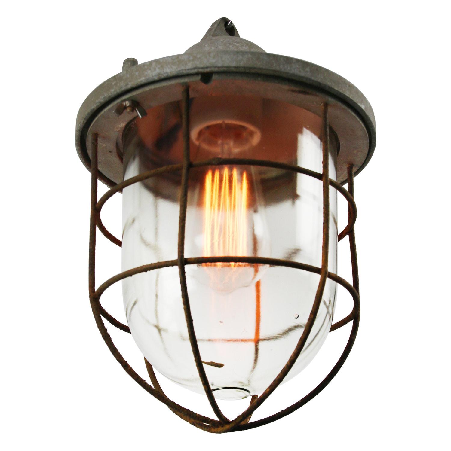 Polish Gray Metal Vintage Industrial Clear Glass Cage Pendant Lamp