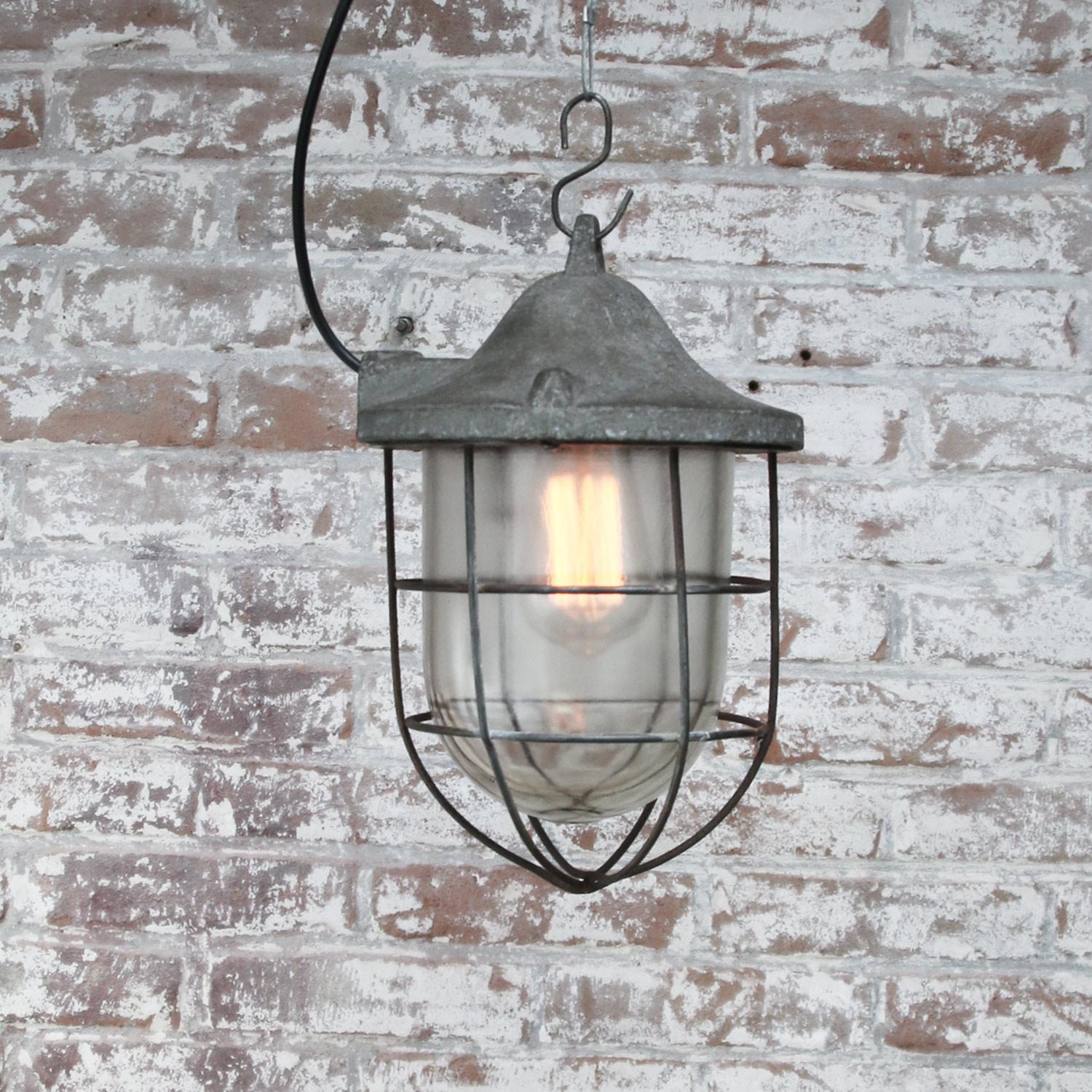 Cast Gray Metal Vintage Industrial Clear Glass Cage Pendant Lamp