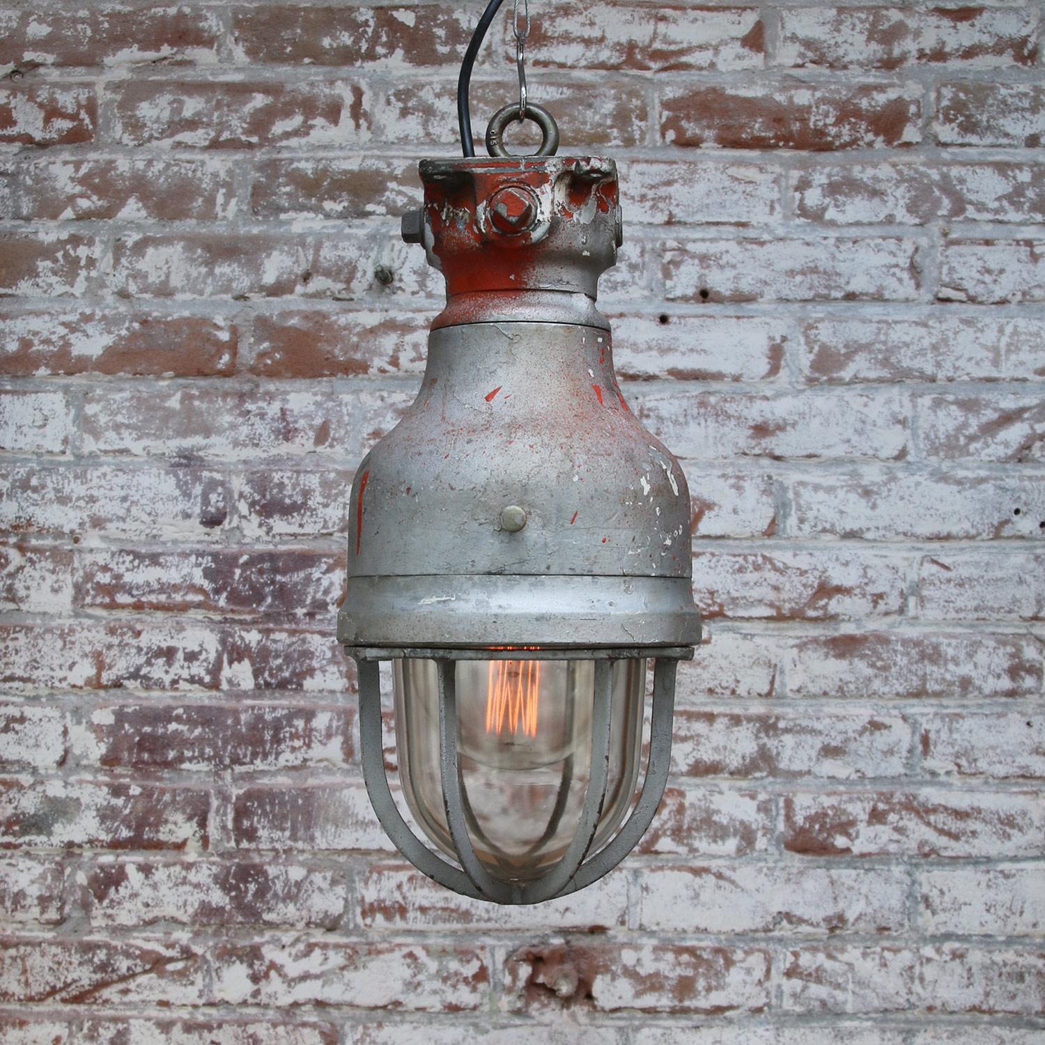 Cast Gray Metal Vintage Industrial Clear Glass Hanging Light by Crouse Hinds For Sale