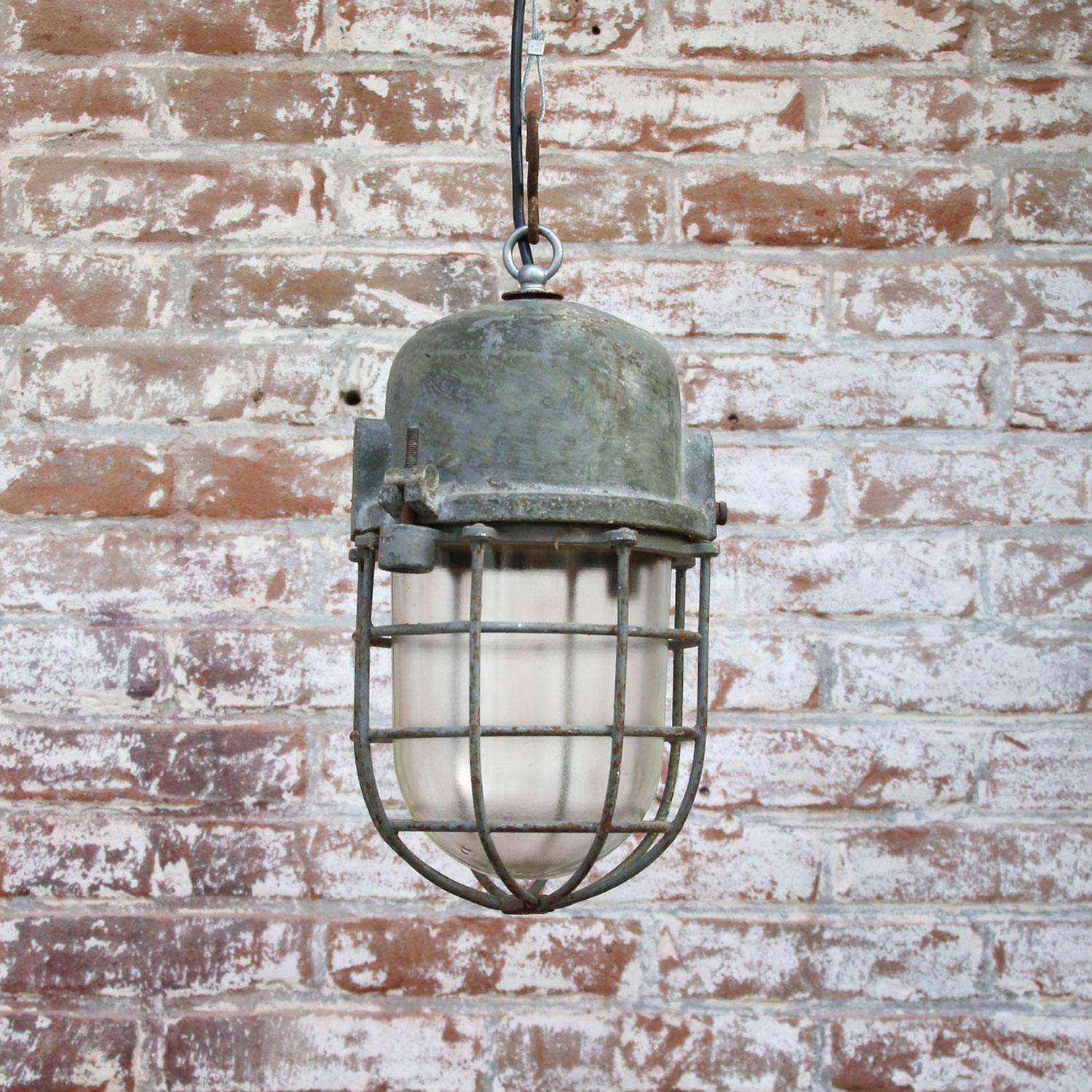 Hungarian Gray Metal Vintage Industrial Clear Glass Pendant Cage Light