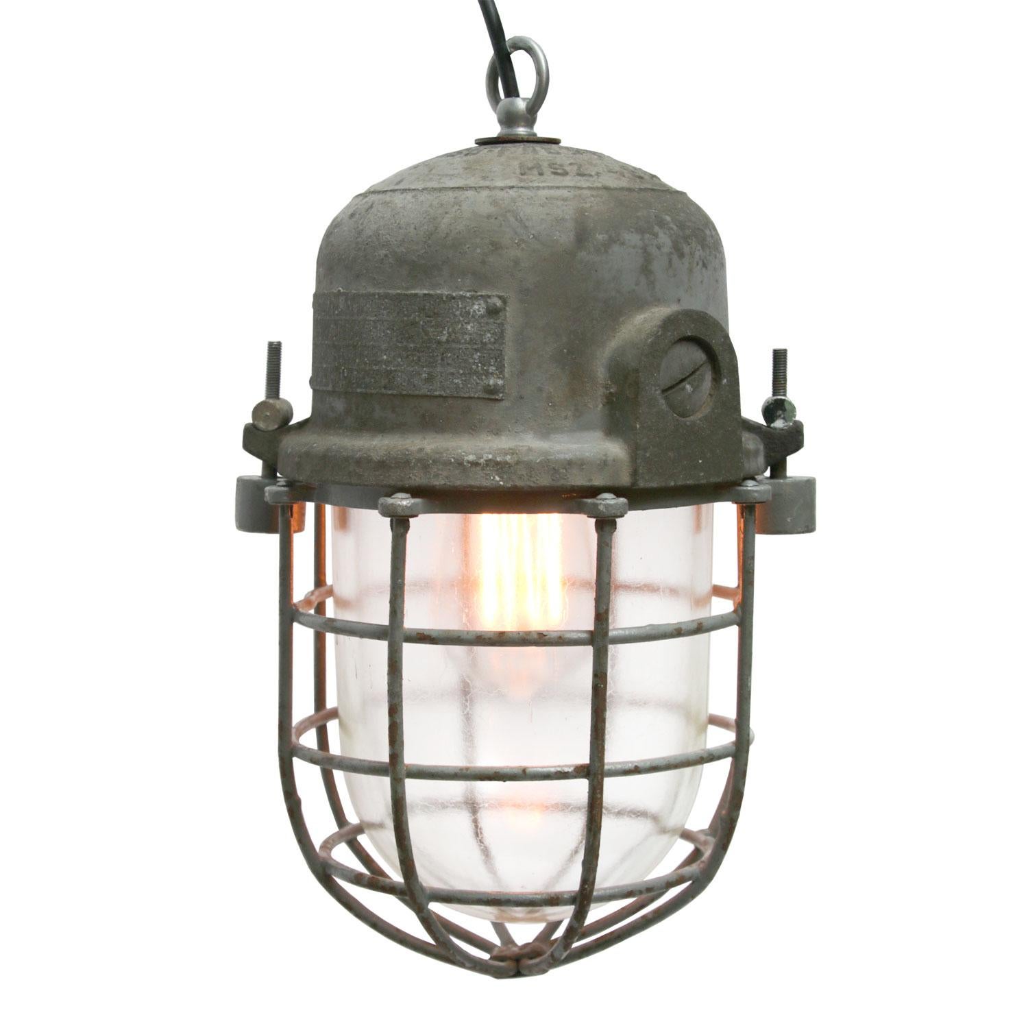Gray Metal Vintage Industrial Clear Glass Pendant Cage Light In Good Condition In Amsterdam, NL