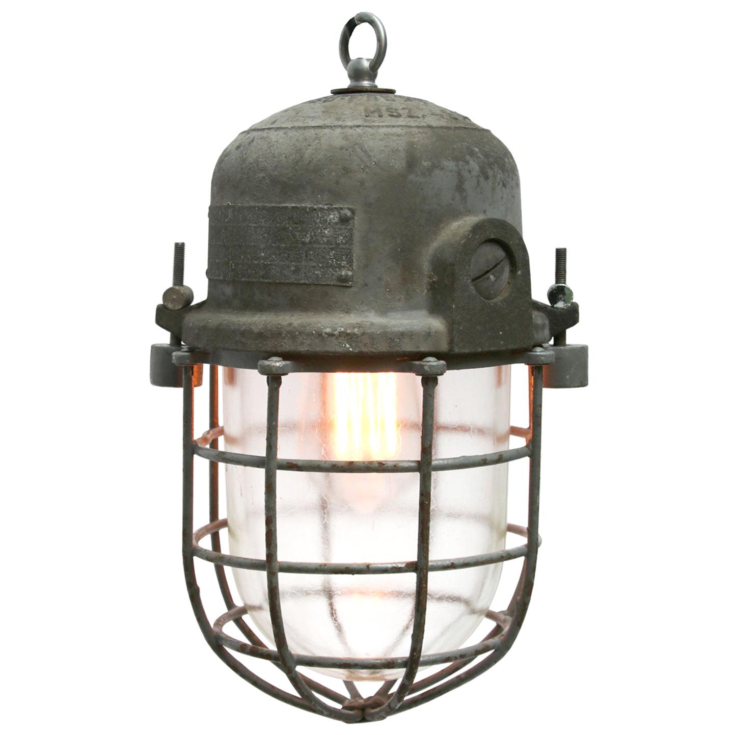 Gray Metal Vintage Industrial Clear Glass Pendant Cage Light
