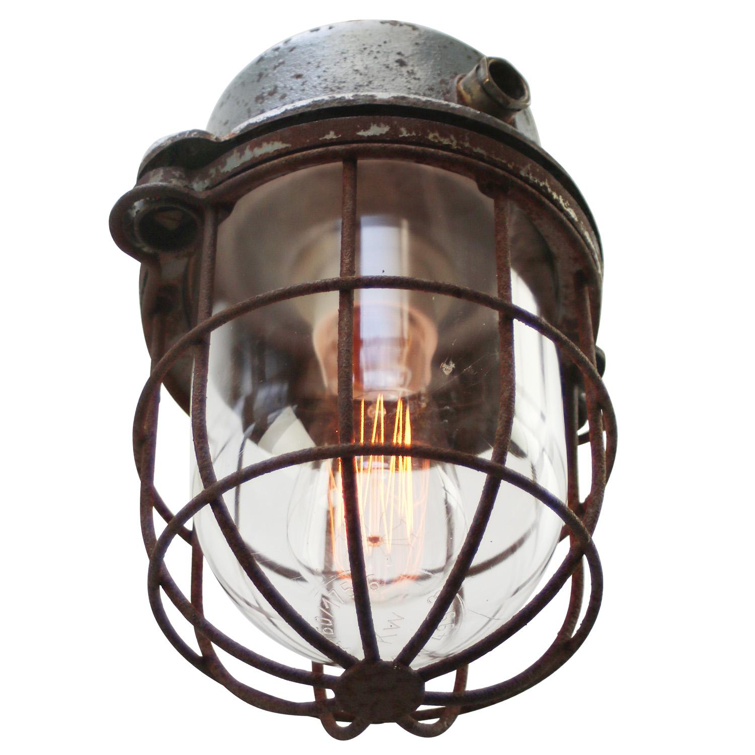 Dutch Gray Metal Vintage Industrial Clear Glass Pendant Lights For Sale