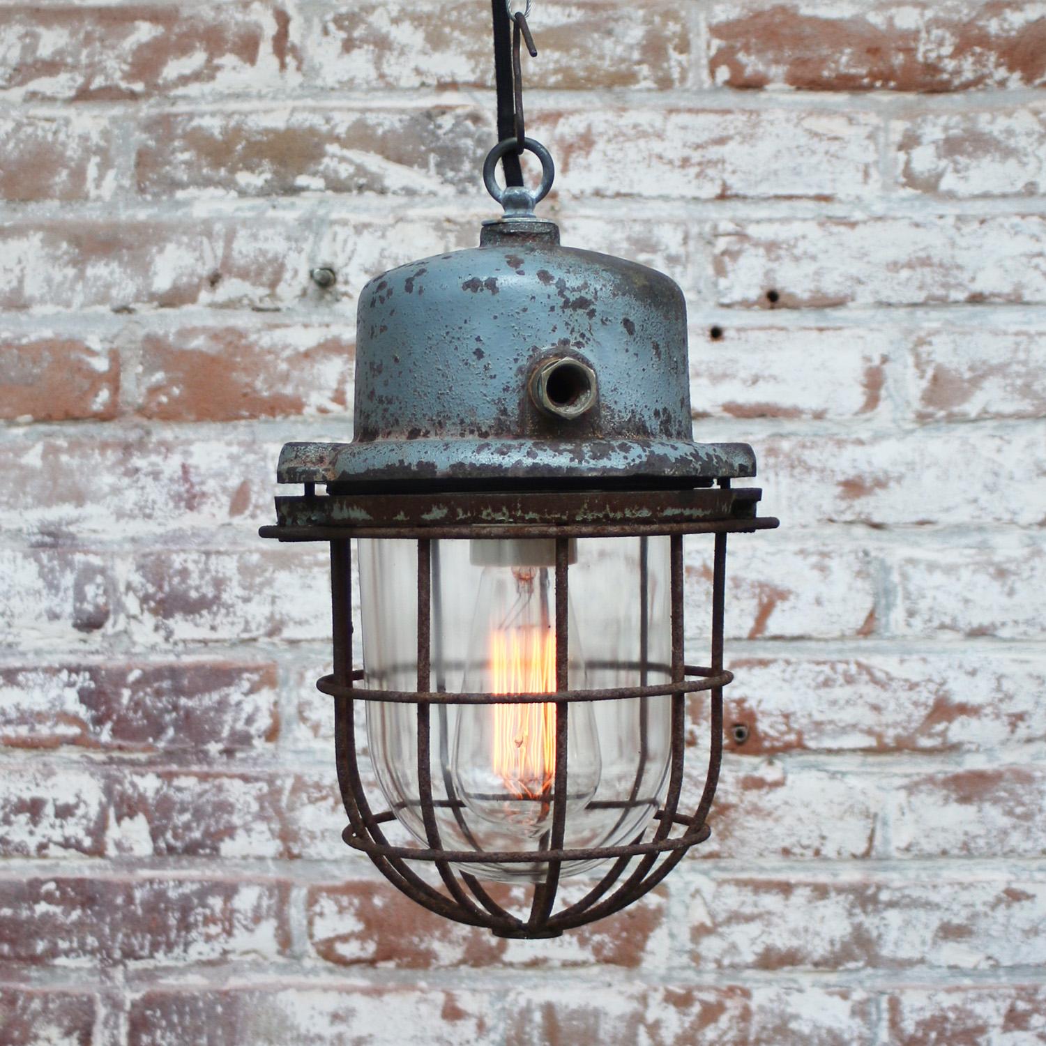 Cast Gray Metal Vintage Industrial Clear Glass Pendant Lights For Sale