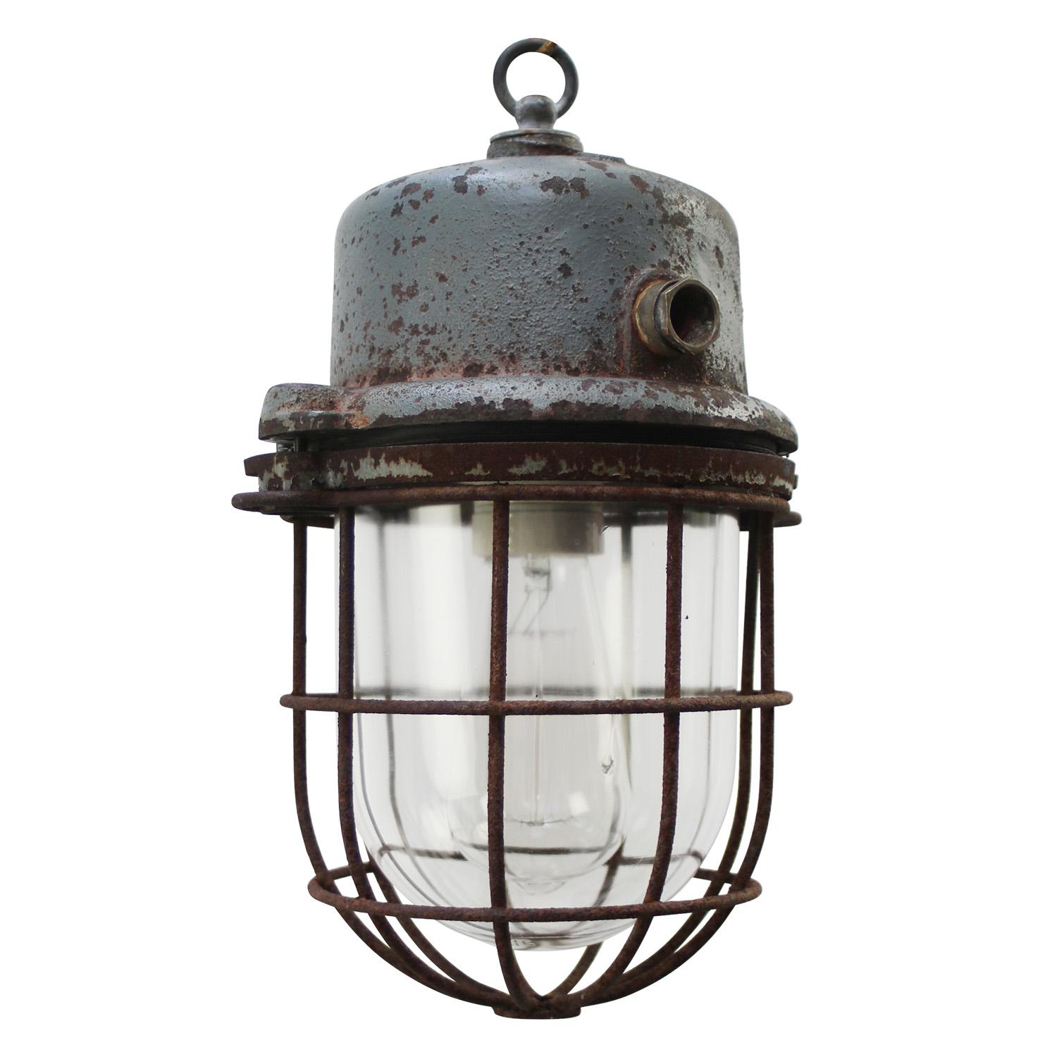 20th Century Gray Metal Vintage Industrial Clear Glass Pendant Lights For Sale