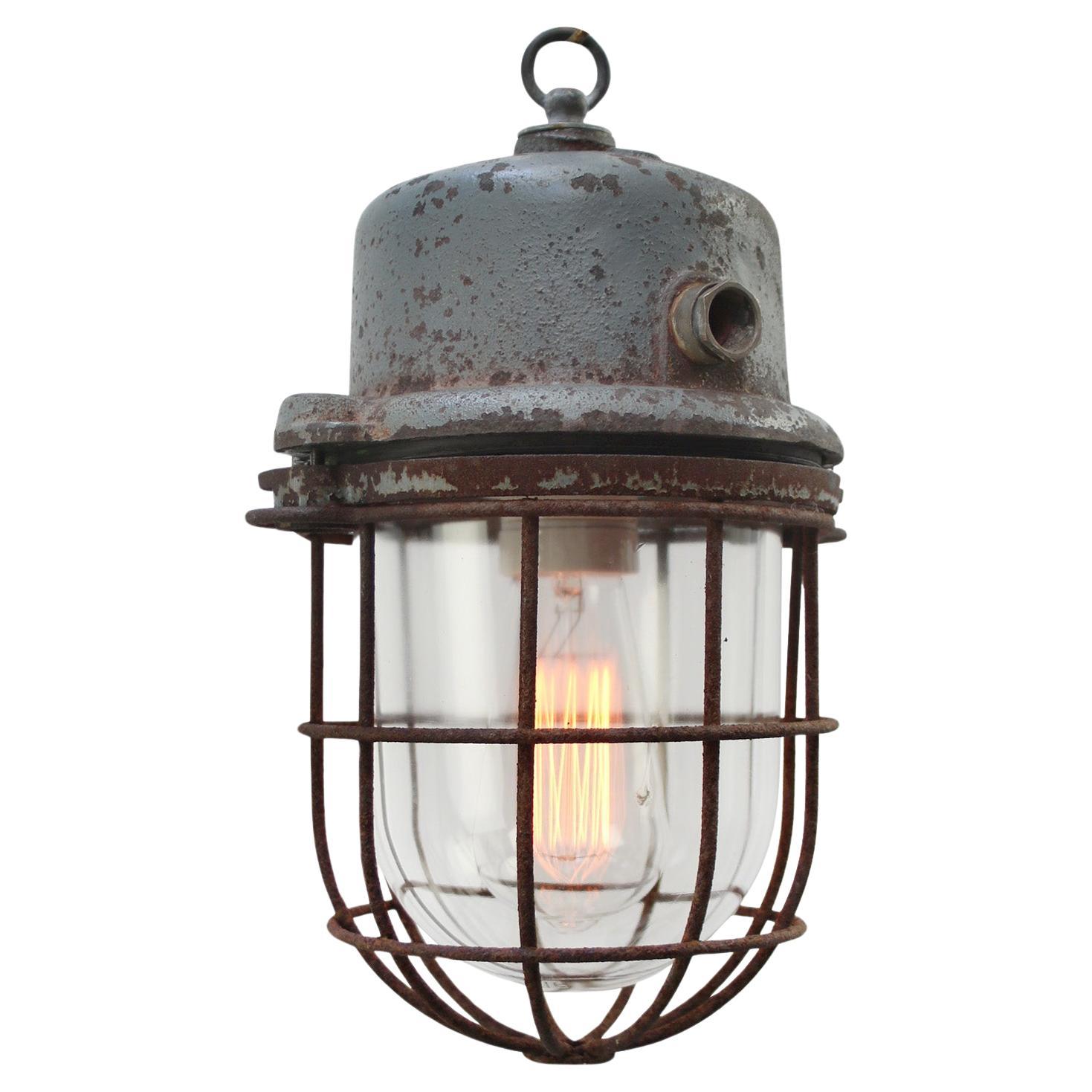 Gray Metal Vintage Industrial Clear Glass Pendant Lights For Sale
