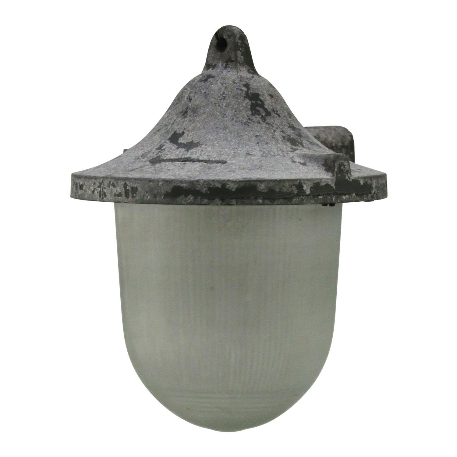 Polish Gray Metal Vintage Industrial Frosted Holophane Glass Pendant Lamp