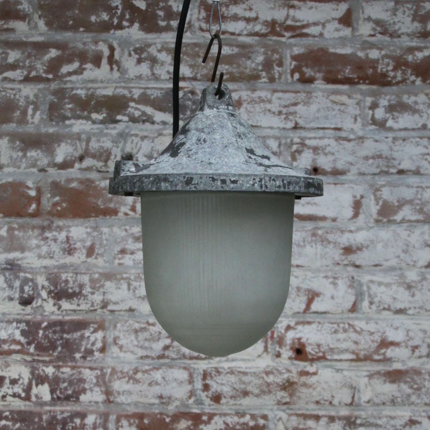 Gray Metal Vintage Industrial Frosted Holophane Glass Pendant Lamp In Good Condition In Amsterdam, NL