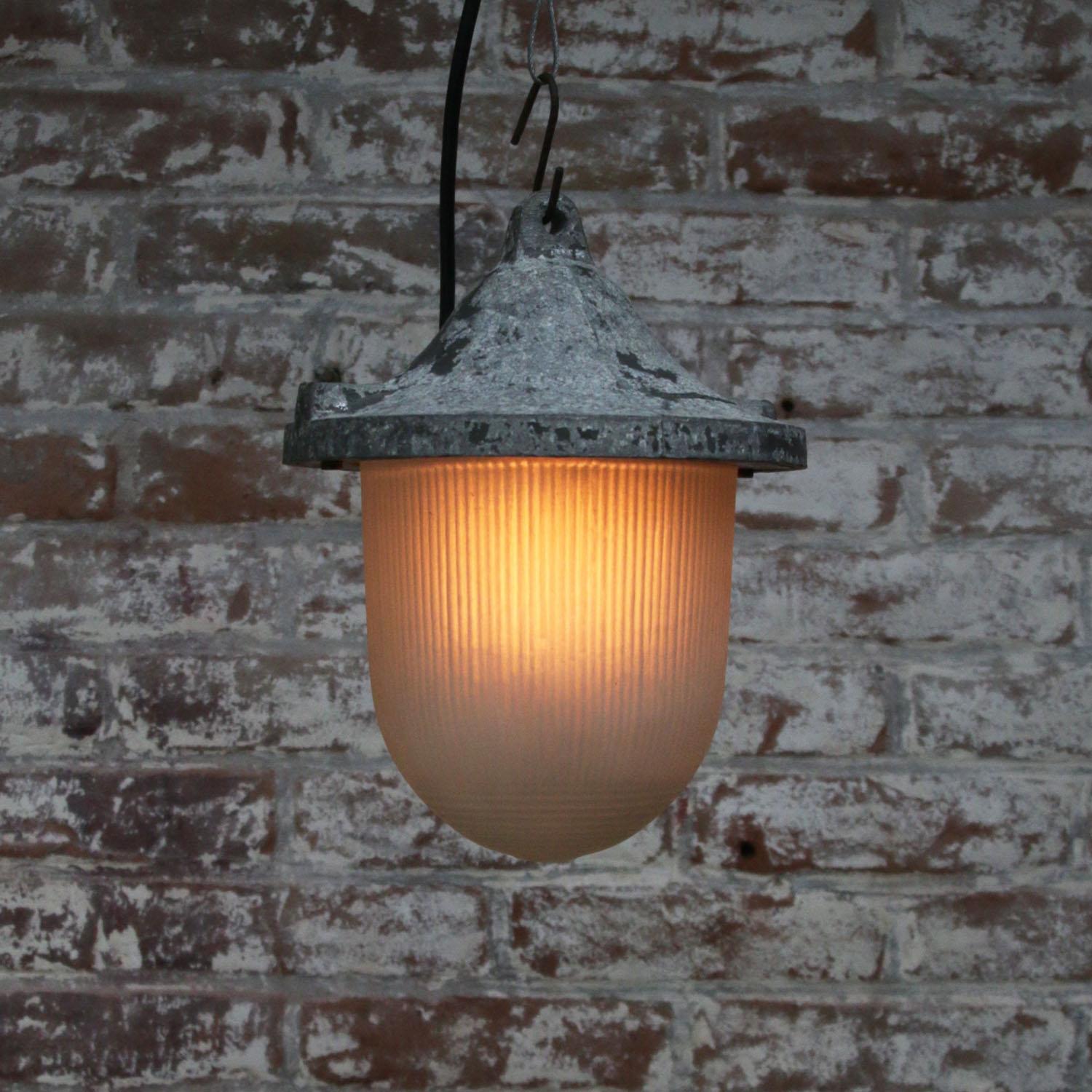 20th Century Gray Metal Vintage Industrial Frosted Holophane Glass Pendant Lamp