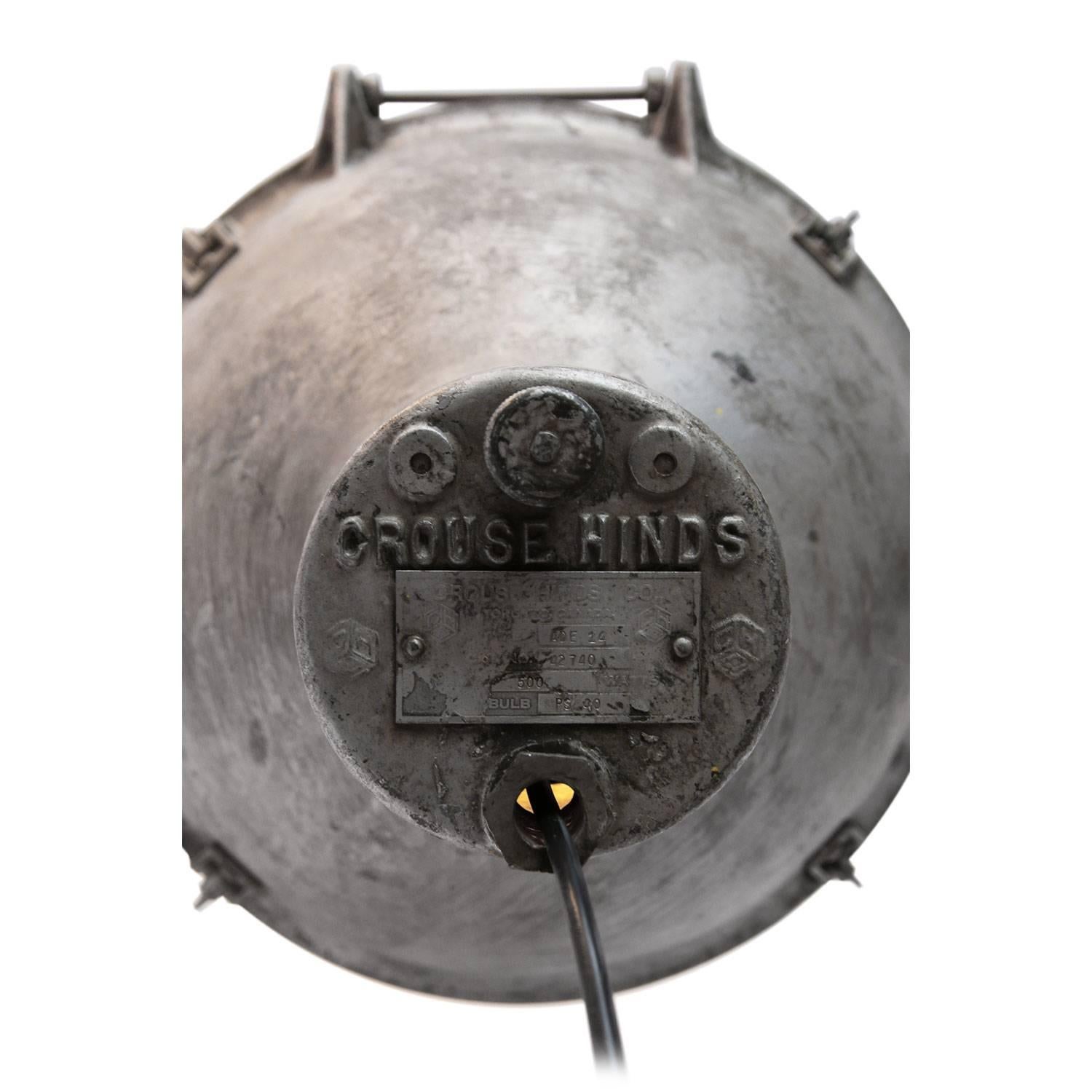Gray Metal Vintage Industrial Frosted Glass Pendant Spot Light by Crouse-Hinds  In Good Condition For Sale In Amsterdam, NL