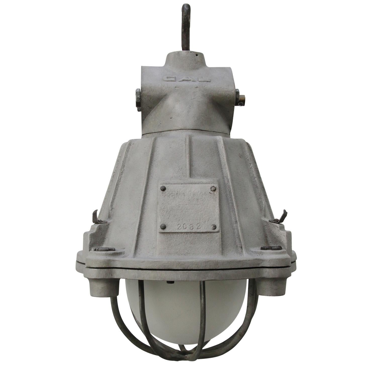 Industrial hanging lamp by GAL, France.
Cast aluminium with frosted glass

Weight 6.70 kg / 14.8 lb

Priced per individual item. All lamps have been made suitable by international standards for incandescent light bulbs, energy-efficient and LED