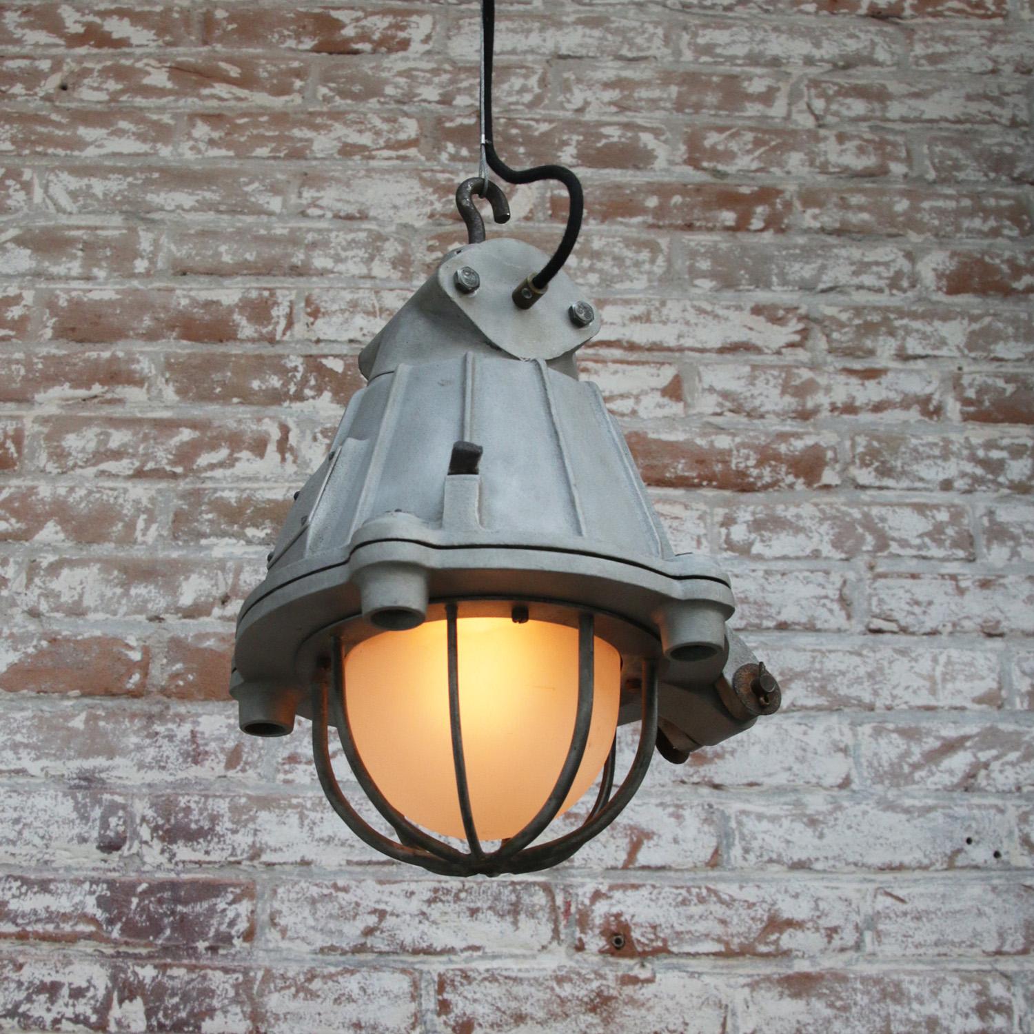 20th Century Gray Metal Vintage Industrial Frosted Glass Pendant Lamps by GAL, France For Sale