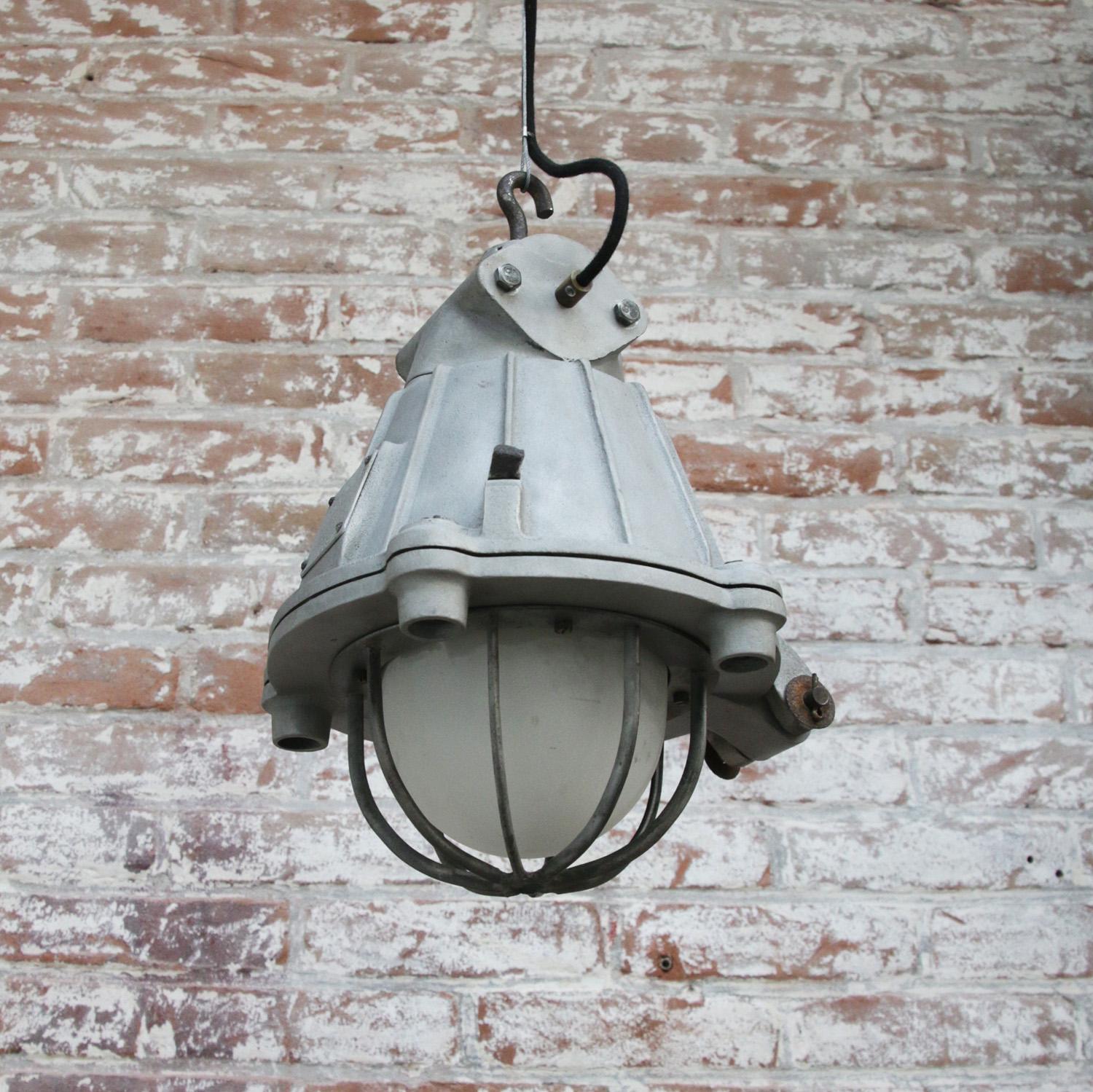 Aluminum Gray Metal Vintage Industrial Frosted Glass Pendant Lamps by GAL, France For Sale
