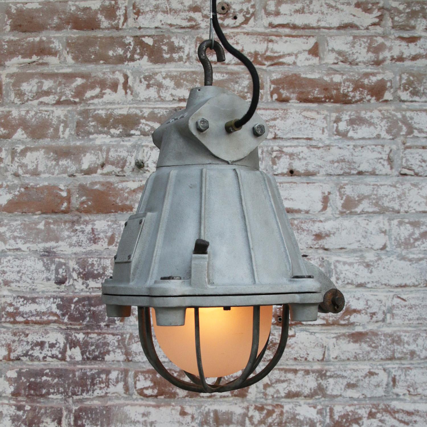 Gray Metal Vintage Industrial Frosted Glass Pendant Lamps by GAL, France For Sale 1