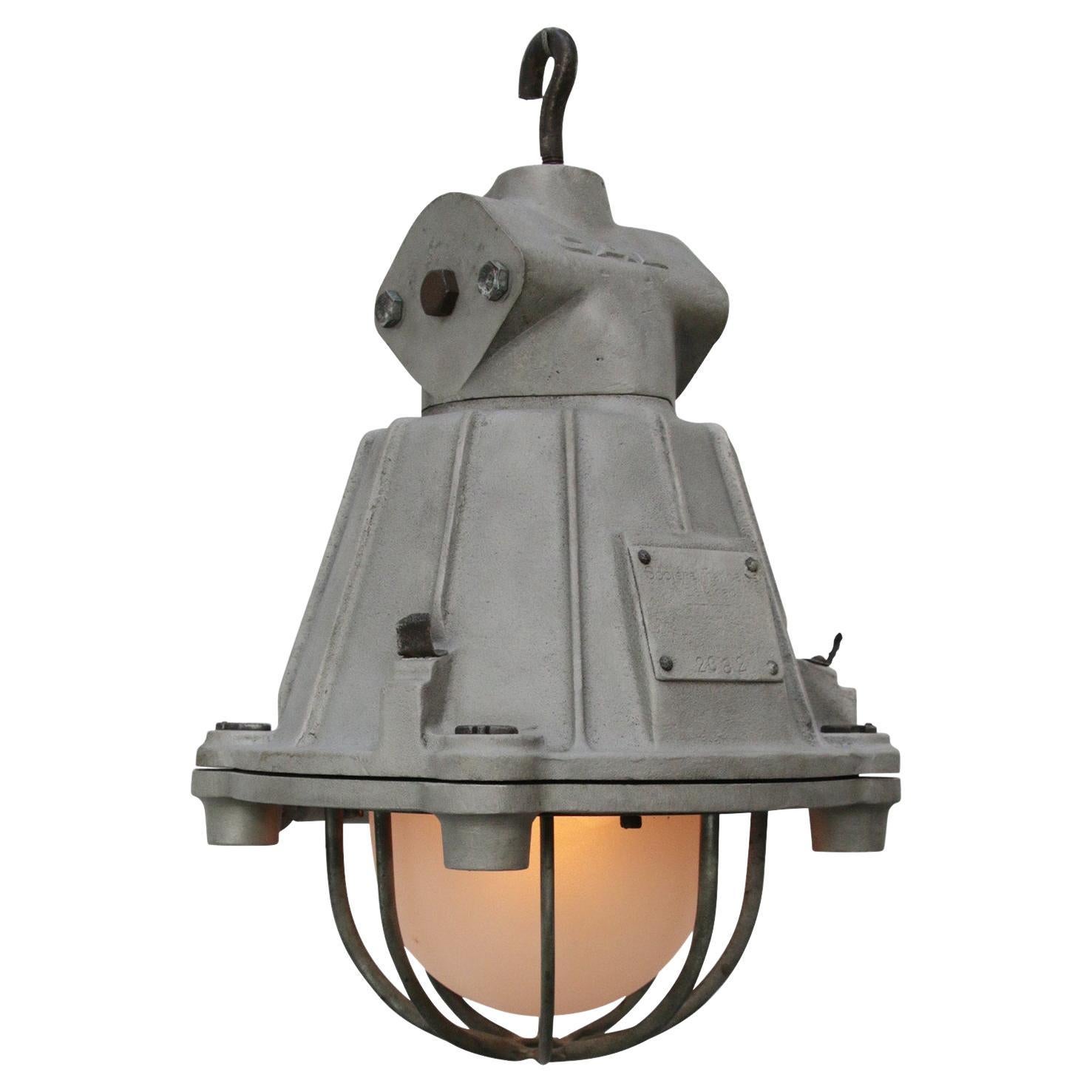 Gray Metal Vintage Industrial Frosted Glass Pendant Lamps by GAL, France For Sale