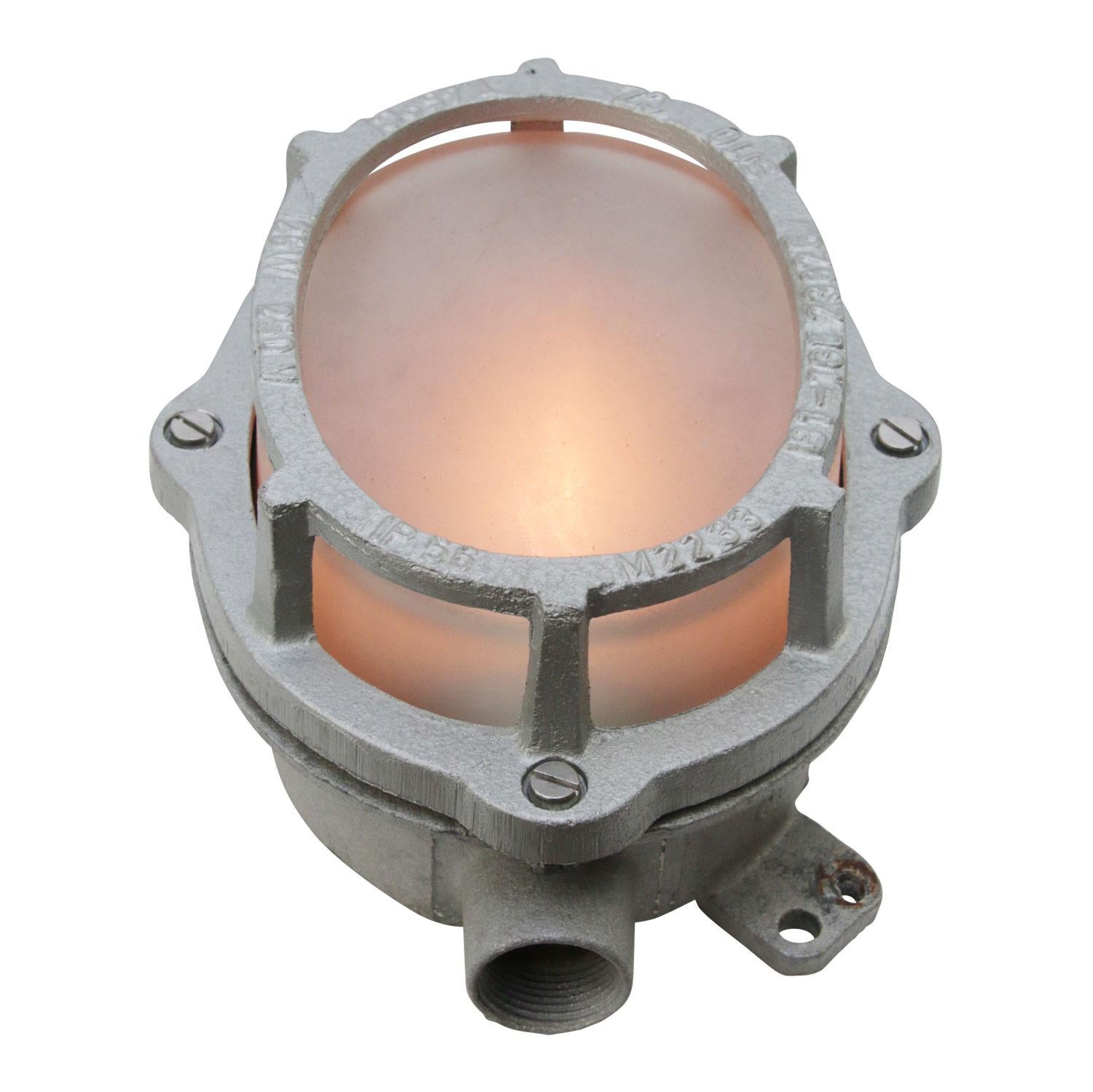 Industrial wall ceiling scone
Cast aluminum and frosted glass

Weight: 1.00 kg / 2.2 lb

E14 bulb holder!

Priced per individual item. All lamps have been made suitable by international standards for incandescent light bulbs, energy-efficient