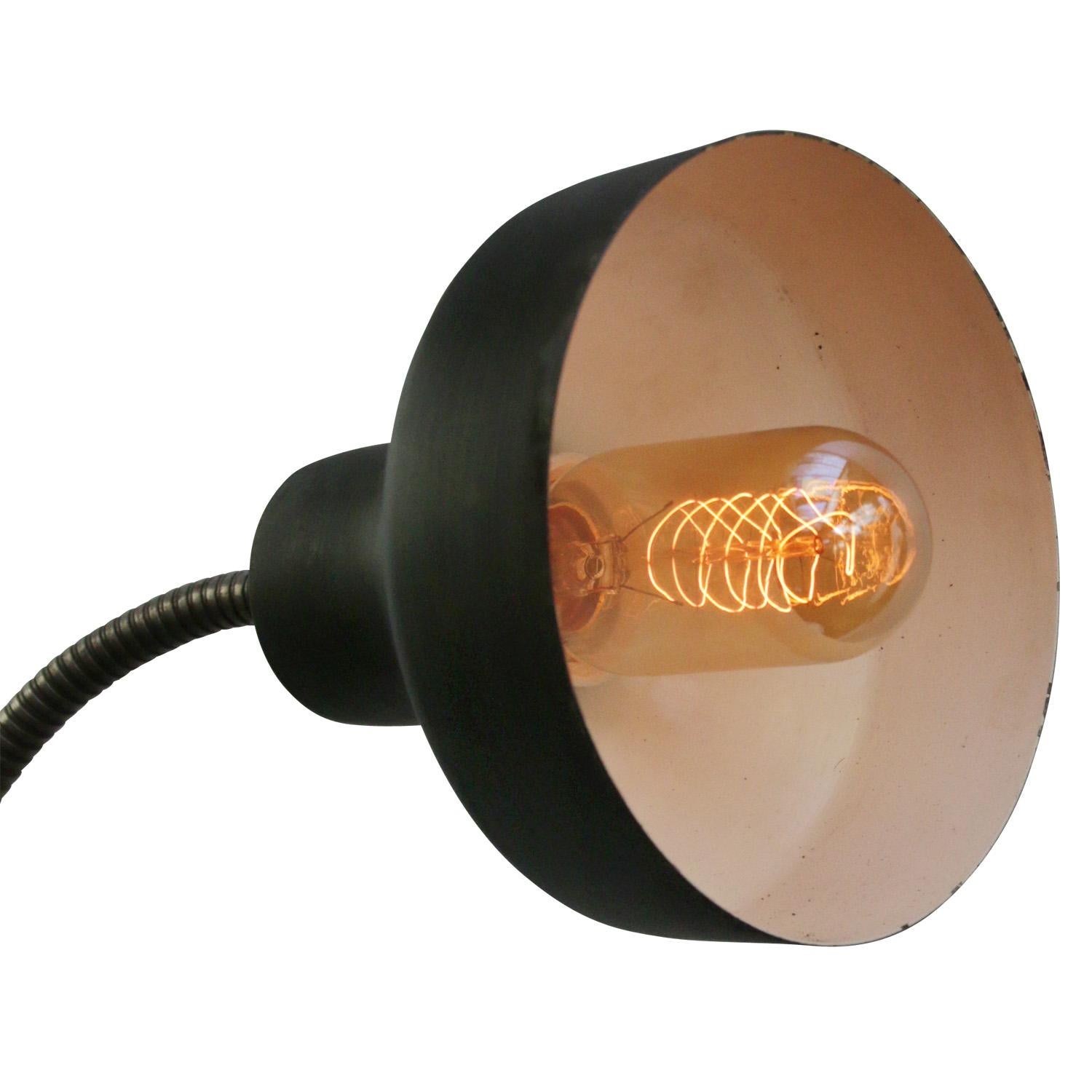 Metal work light with flexible / gooseneck arm.
Iron shade.

On/Off Switch on wire

Priced per individual item. All lamps have been made suitable by international standards for incandescent light bulbs, energy-efficient and LED bulbs. E26/E27