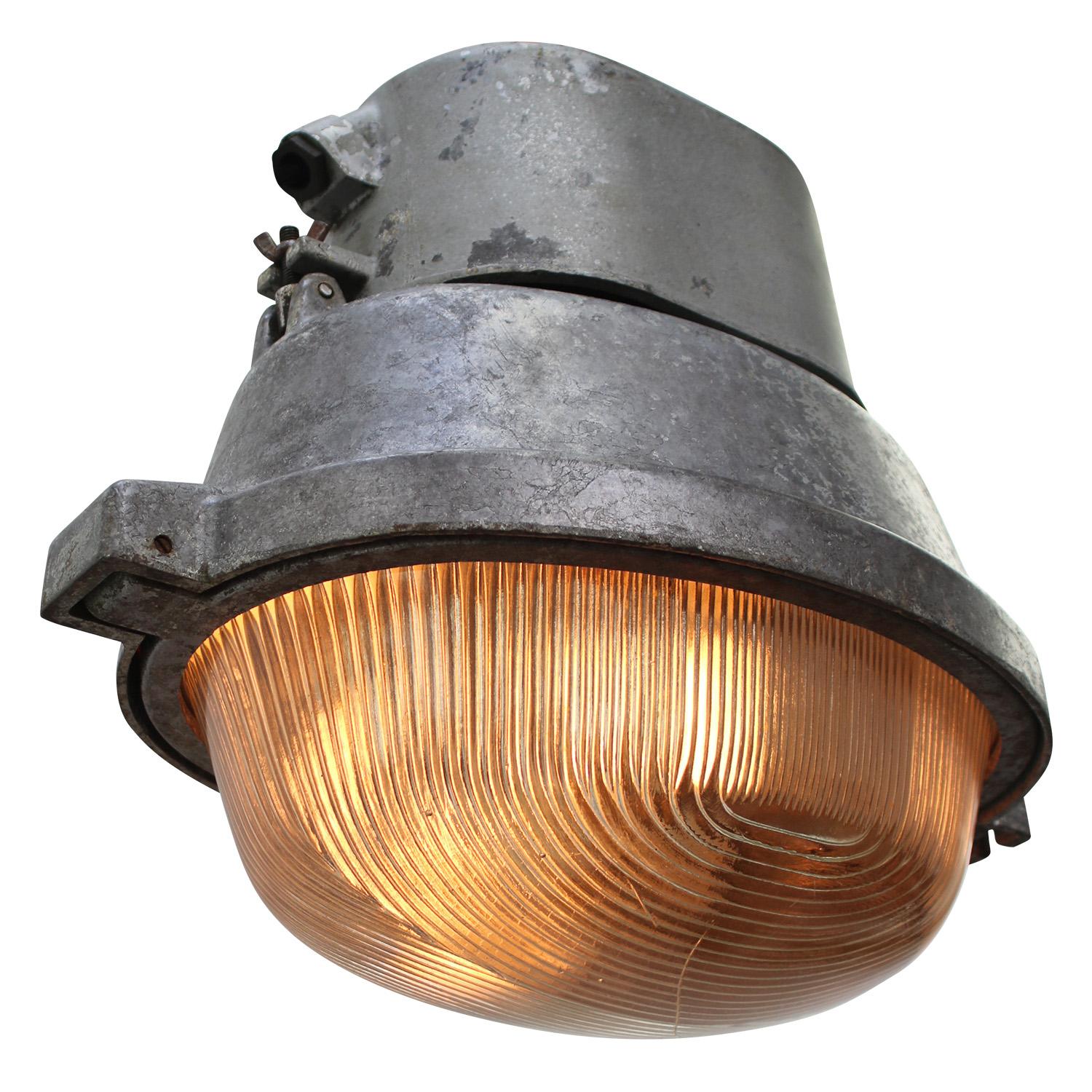 Polish Gray metal Vintage Industrial Oval Holophane Glass Street Light For Sale