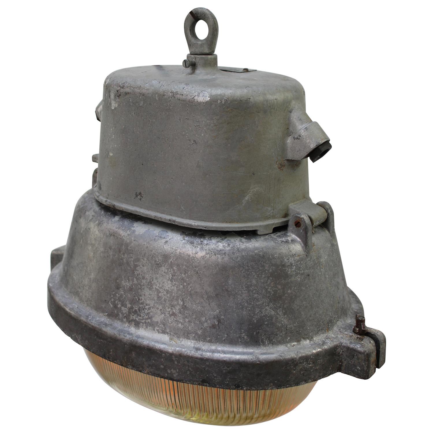 Cast Gray metal Vintage Industrial Oval Holophane Glass Street Light For Sale