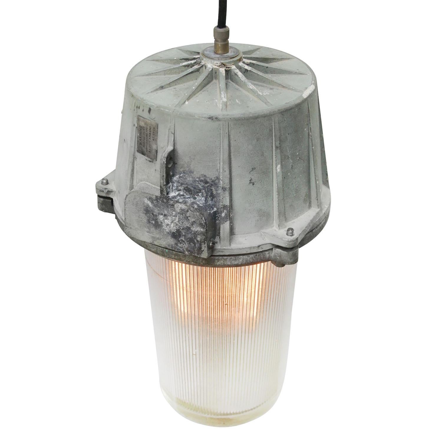 Industrial hanging lamp by Tran Star, UK
model SK23034
gray cast aluminum
striped clear glass

Weight: 4.20 kg / 9.3 lb

Priced per individual item. All lamps have been made suitable by international standards for incandescent light bulbs,