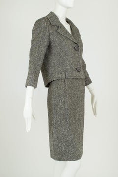 Gray Micro Herringbone Wool Eisenhower Skirt Suit w Novelty Buttons – XXS, 1950s