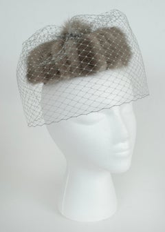 Gray Mink Fur Pillbox Hat with 360 Birdcage Veil and Combs – O/S, 1950s
