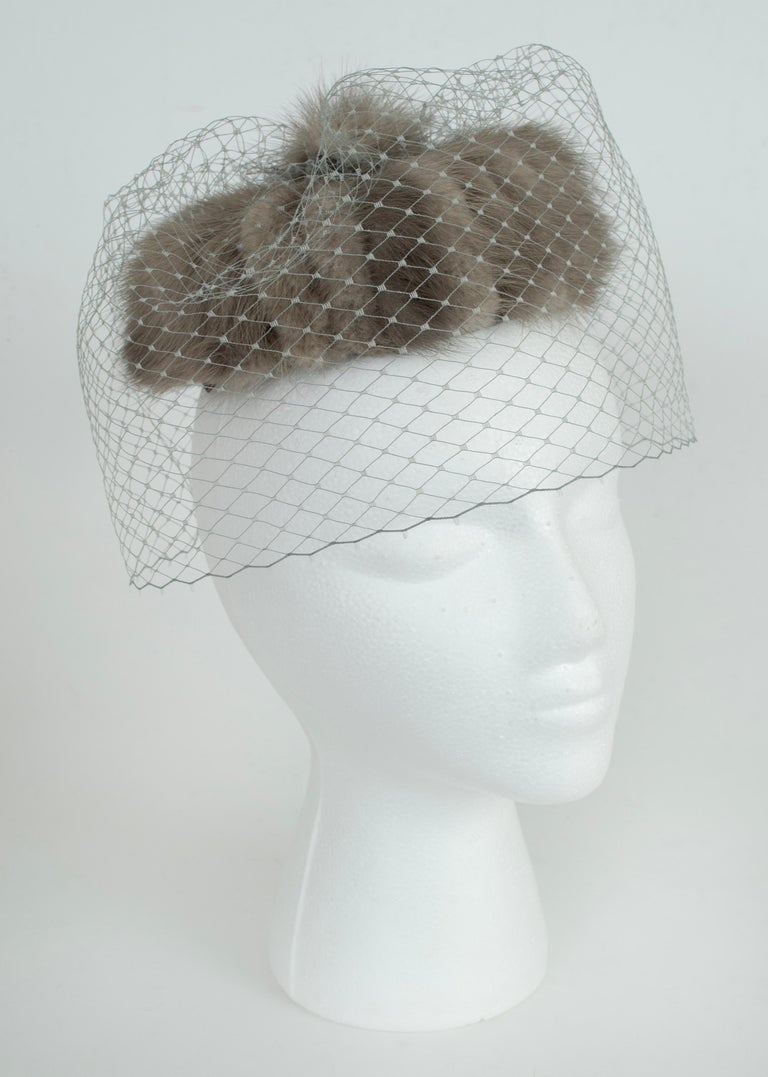 Gray Mink Fur Pillbox Hat with 360 Birdcage Veil and Combs  display picture 1