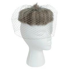 Used Gray Mink Fur Pillbox Hat with 360 Birdcage Veil and Combs – O/S, 1950s