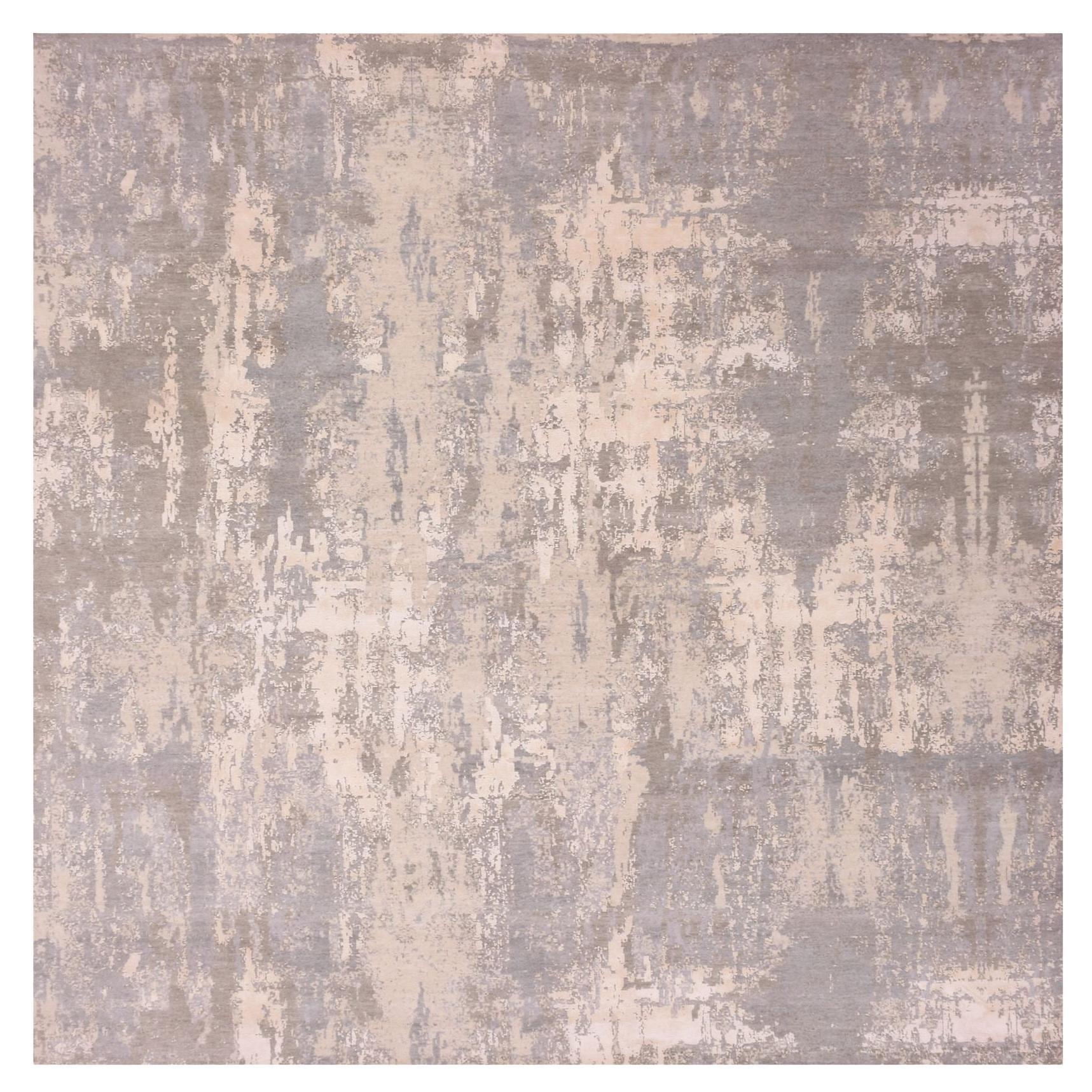 Gray Modern Abstract Design Hand Knotted Wool and Silk Square Rug 10'0" x 10'3"