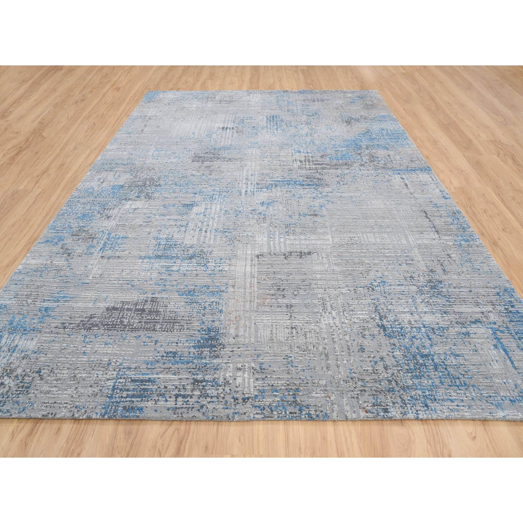 Moderno Tappeto grigio dal design astratto e morbido in lana e seta annodato a mano 9'1 