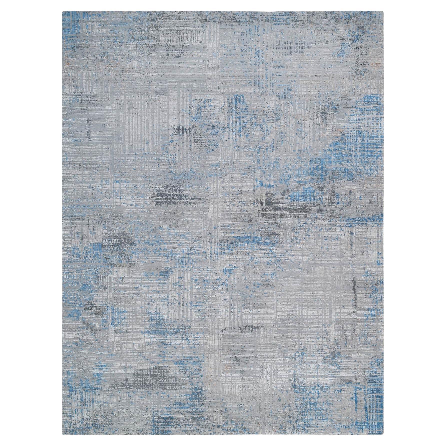 Tappeto grigio dal design astratto e morbido in lana e seta annodato a mano 9'1 "x12'1".