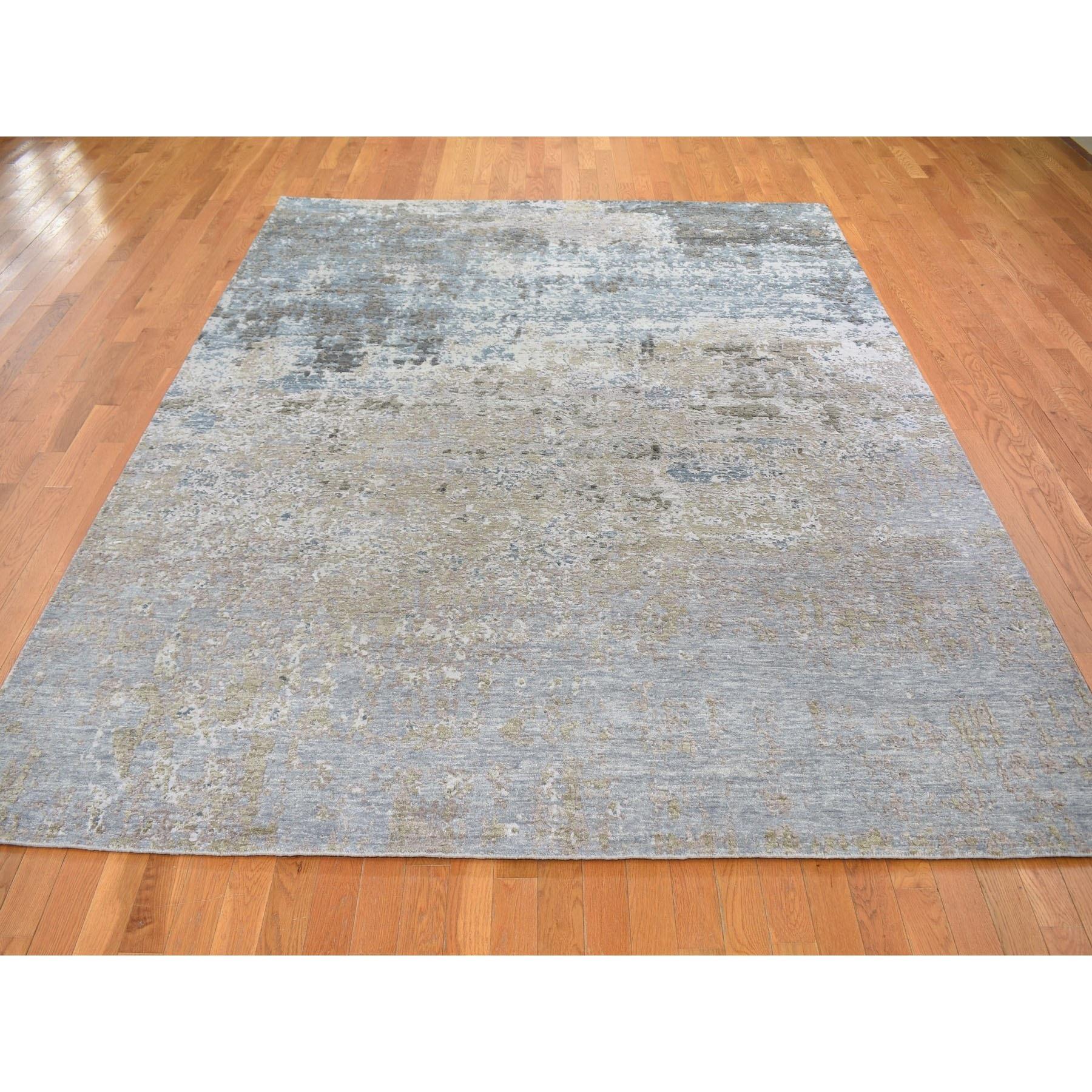 Indian Gray Modern Abstract Design Wool and Silk Hand Knotted Oriental Rug 8'0