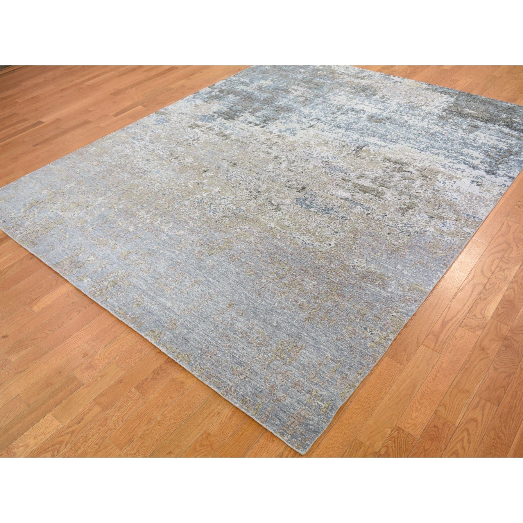 Hand-Knotted Gray Modern Abstract Design Wool and Silk Hand Knotted Oriental Rug 8'0