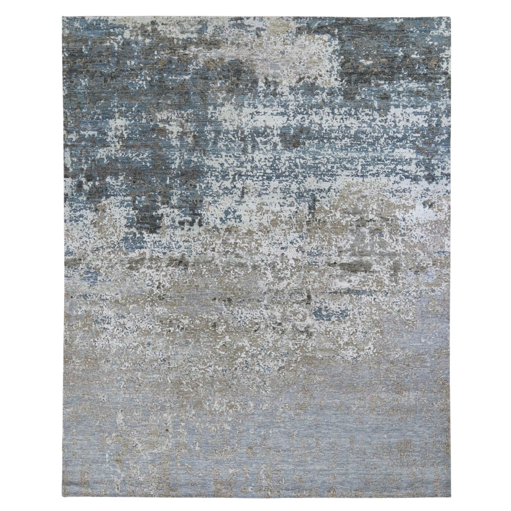 Gray Modern Abstract Design Wool and Silk Hand Knotted Oriental Rug 8'0" x 9'10"