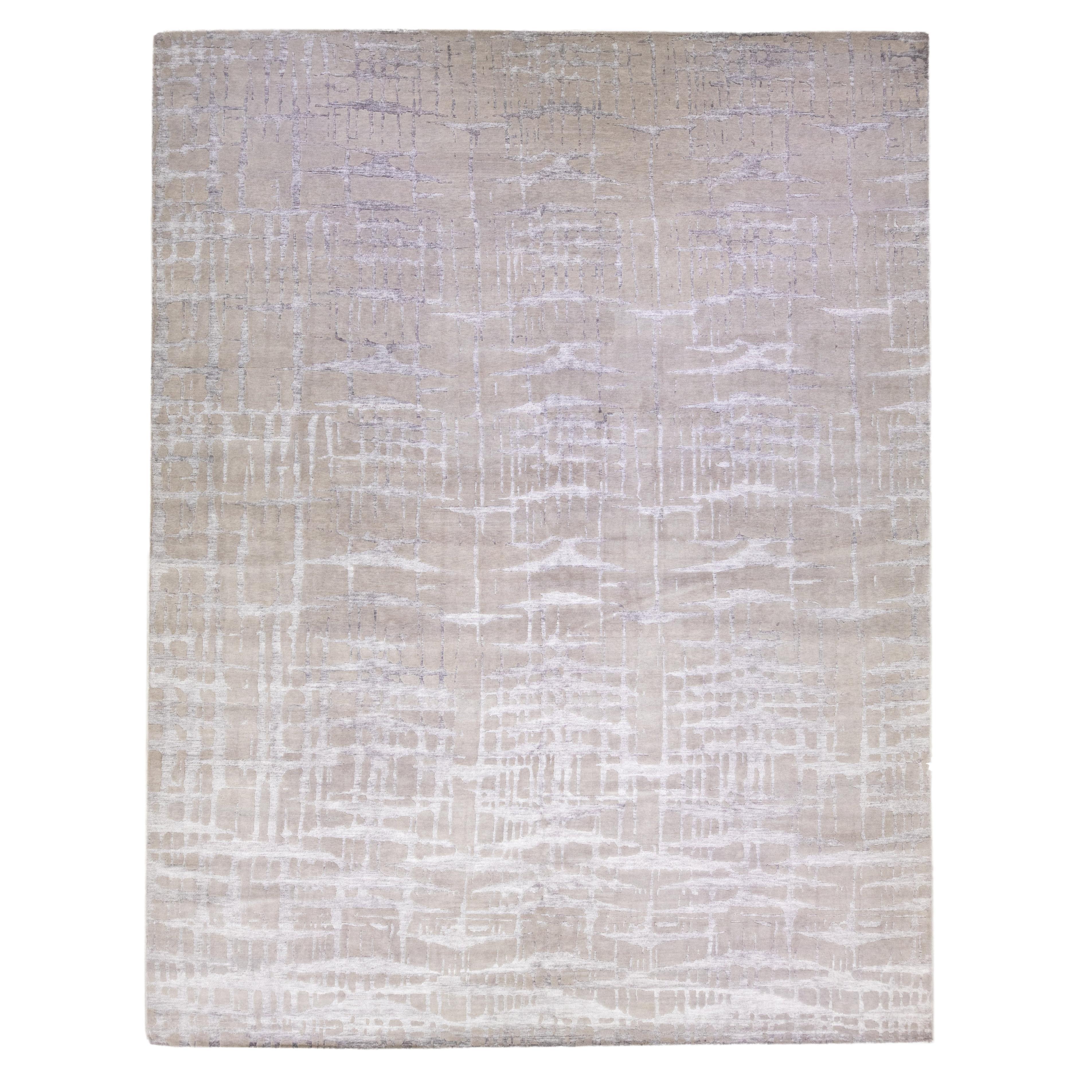 Gray Modern Ikat Handmade Oversize Wool and Silk Rug with Abstract Design For Sale at 1stDibs