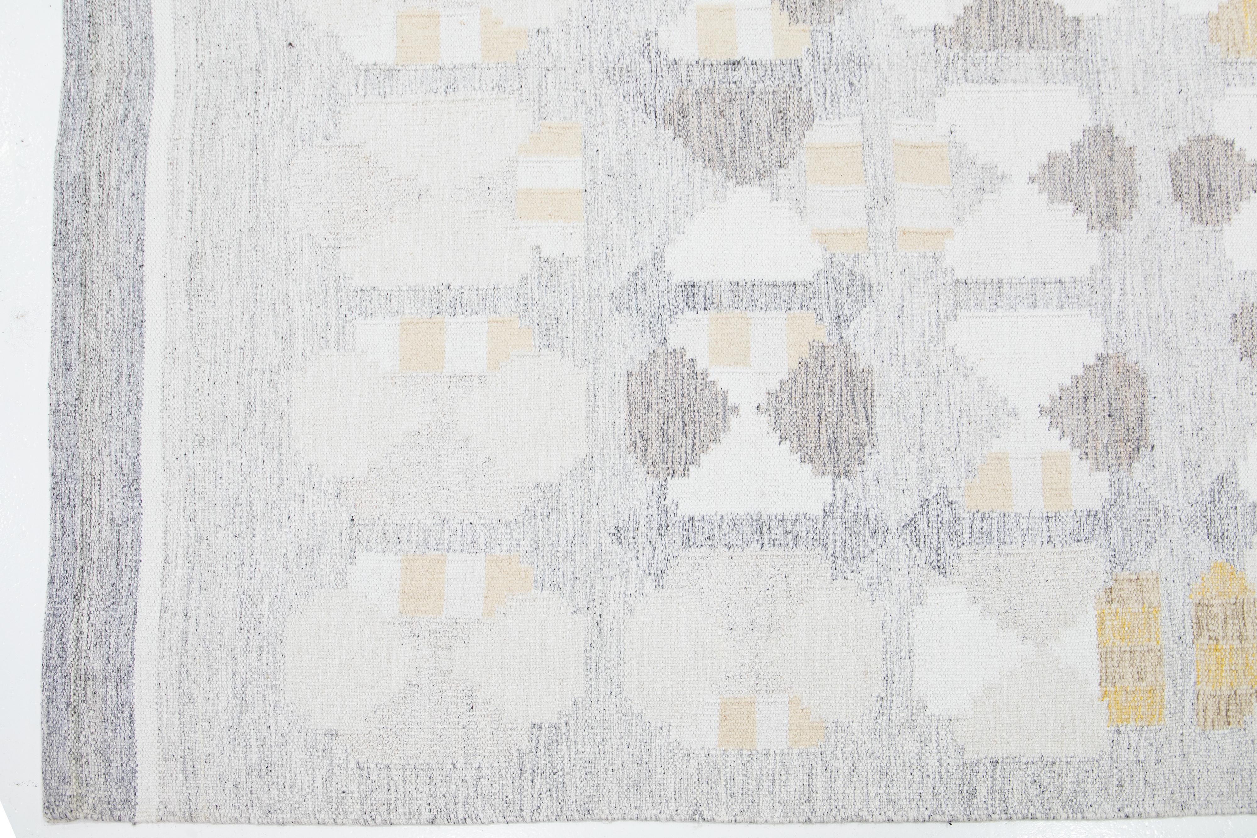 Hand-Knotted Gray Modern Geometric Swedish Style Wool Rug  For Sale
